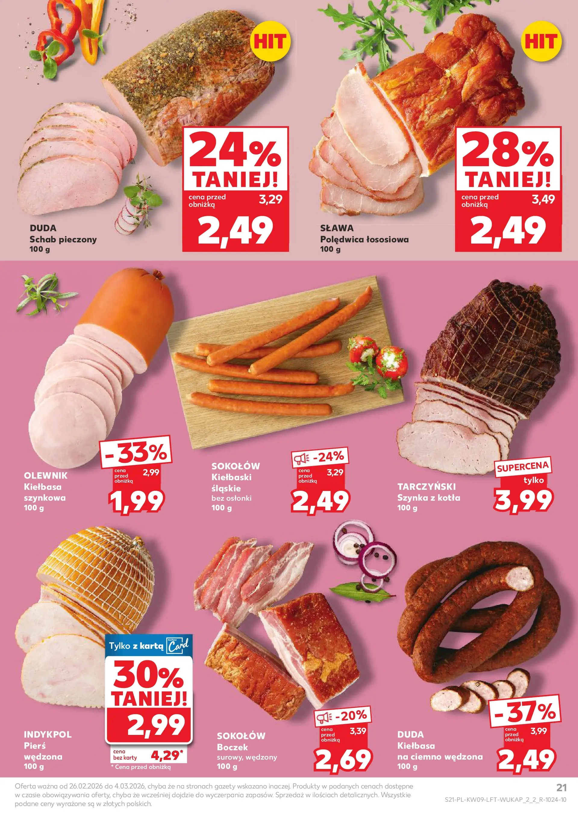 Kaufland gazetka od 26.02.2026 - od jutra PDF | Strona: 21 | Produkty: Kiełbasa, Kiełbaski, Boczek, Schab pieczony