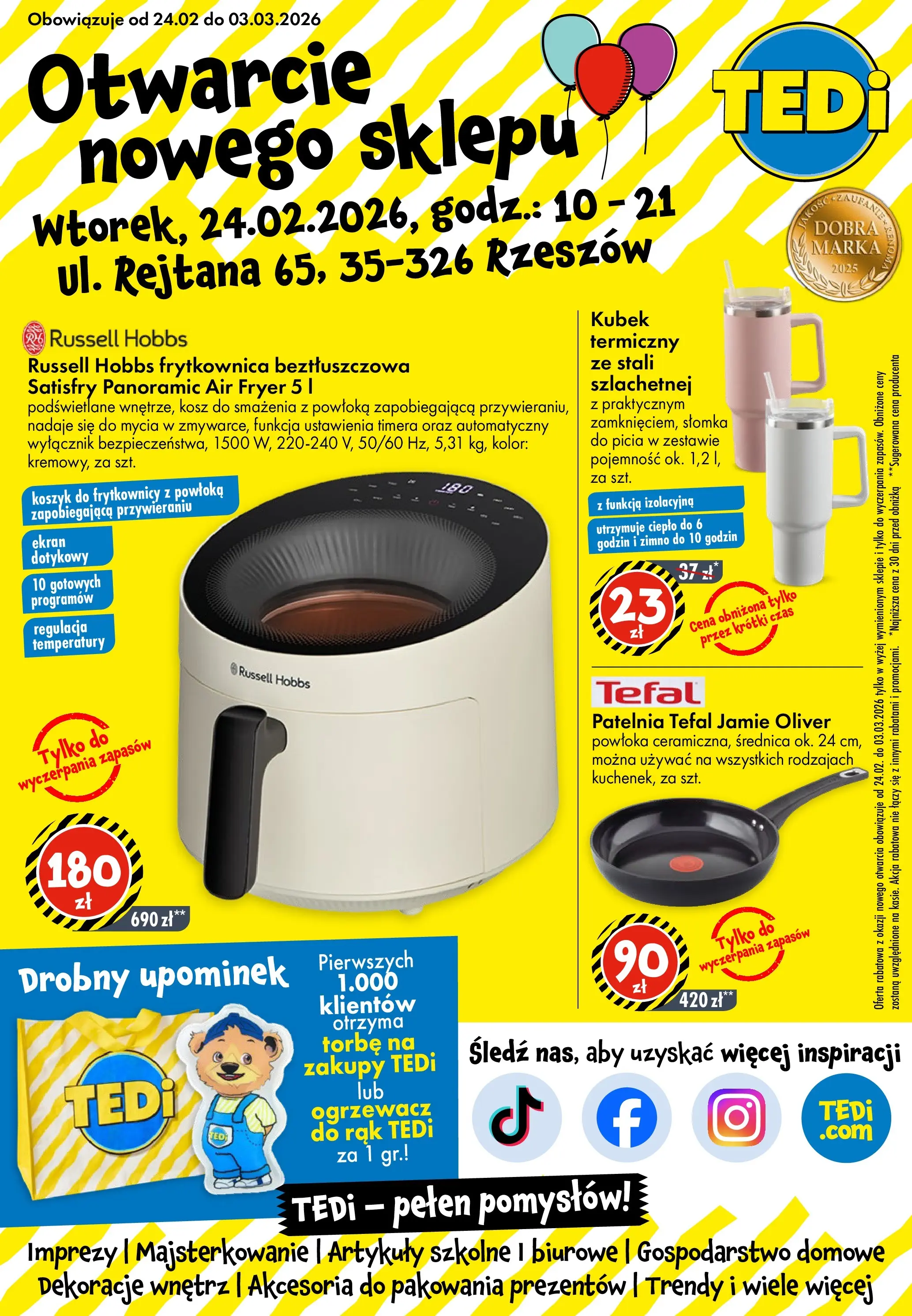 TEDi Gazetka - Rzeszów od (24.02.2026 - 03.03.2026) | Strona: 1 | Produkty: Śledź, Frytkownica beztłuszczowa, Kosz, Artykuły szkolne