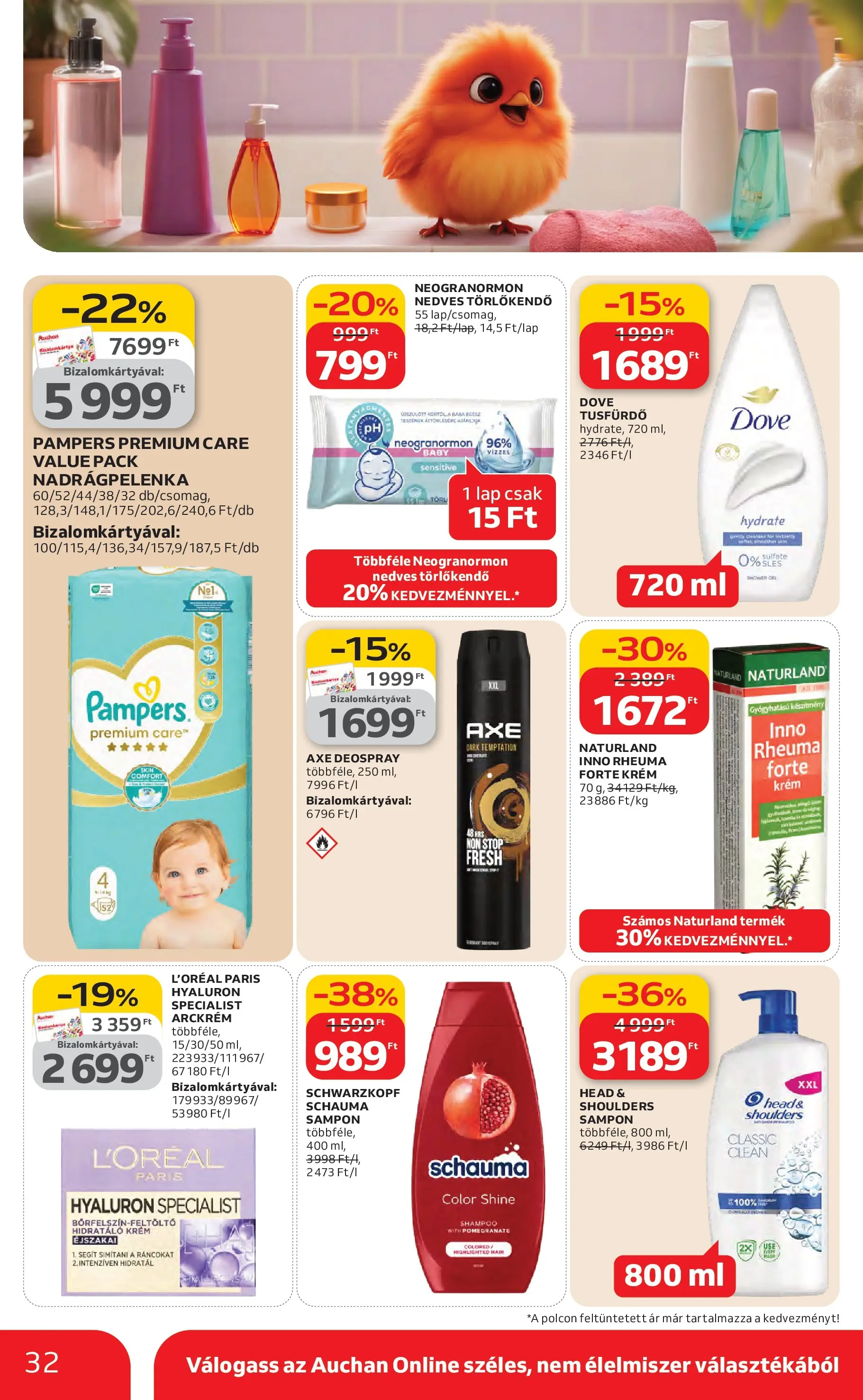 Auchan Akciós újság Kecskemét - 2026.02.26. -tól/töl > akció, lapozható szórólap 🛍️ | Oldal: 32 | Termékek: Pampers, Nedves törlőkendő, Sampon, Tusfürdő