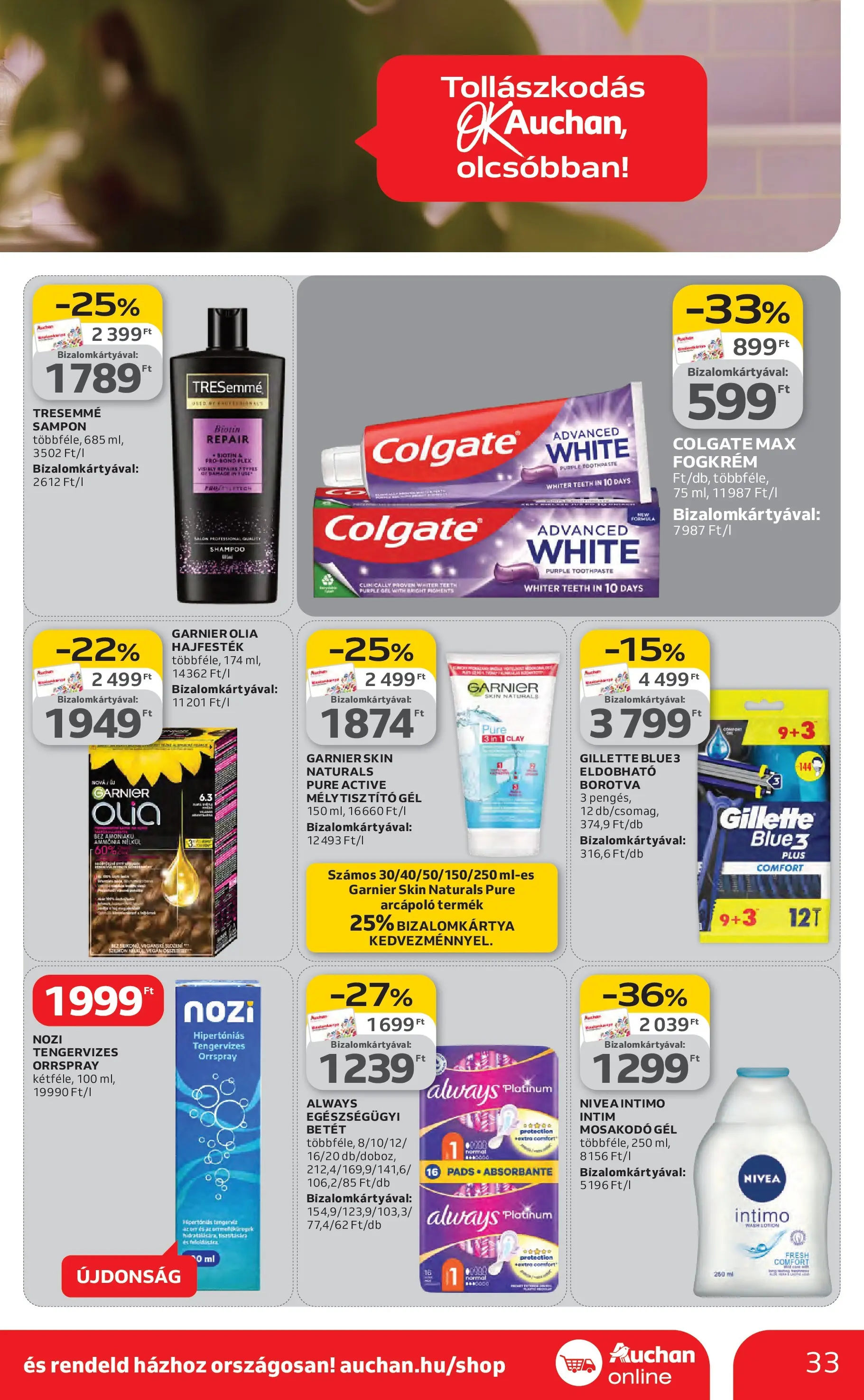 Auchan Akciós újság Kecskemét - 2026.02.26. -tól/töl > akció, lapozható szórólap 🛍️ | Oldal: 33 | Termékek: Borotva, Hajfesték, Sampon, Fogkrém