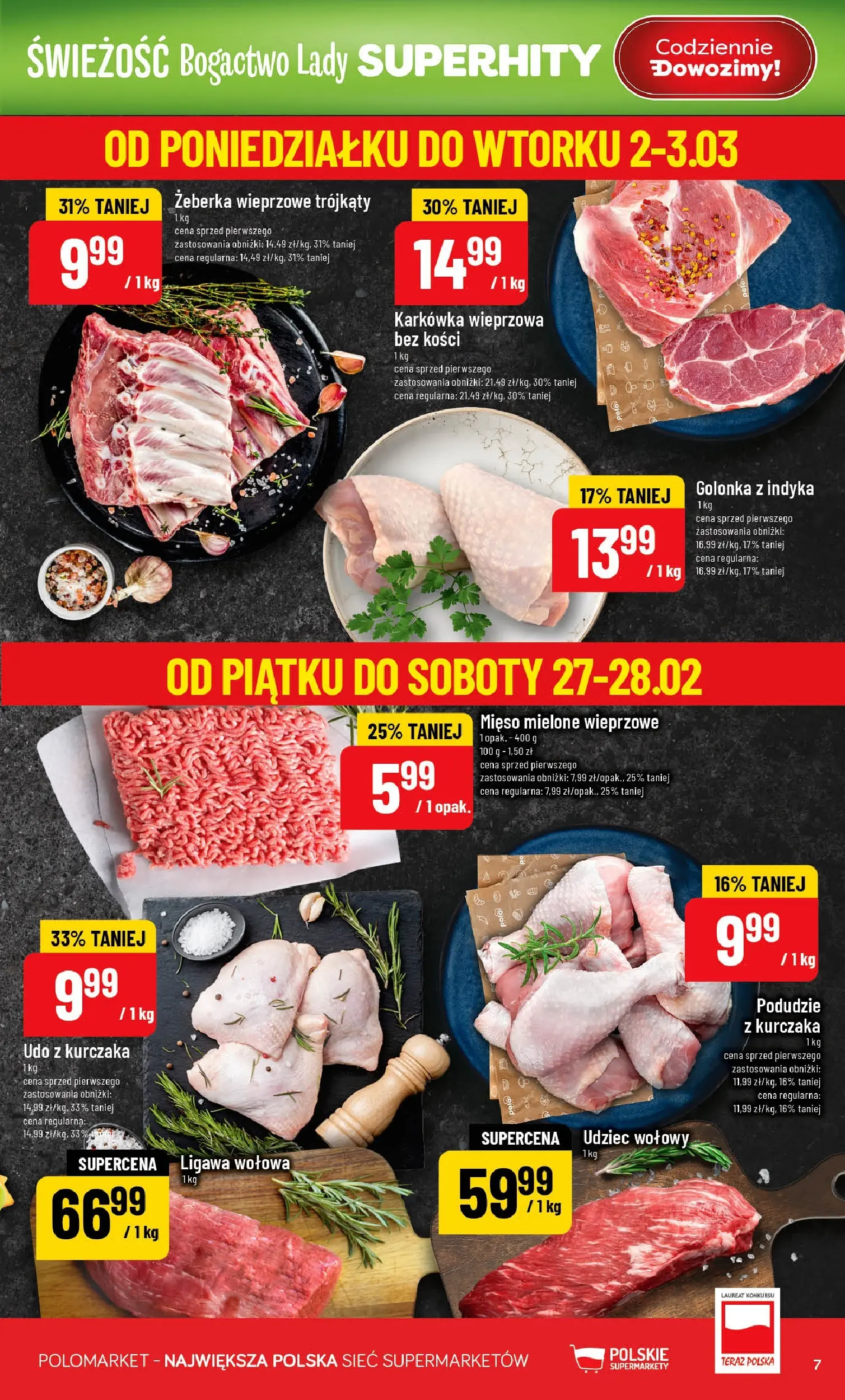 Nowa POLOmarket gazetka od jutra 25.02.2026 (PDF) | Strona: 7 | Produkty: Karkówka, Karkówka wieprzowa, Podudzie z kurczaka, Mięso mielone
