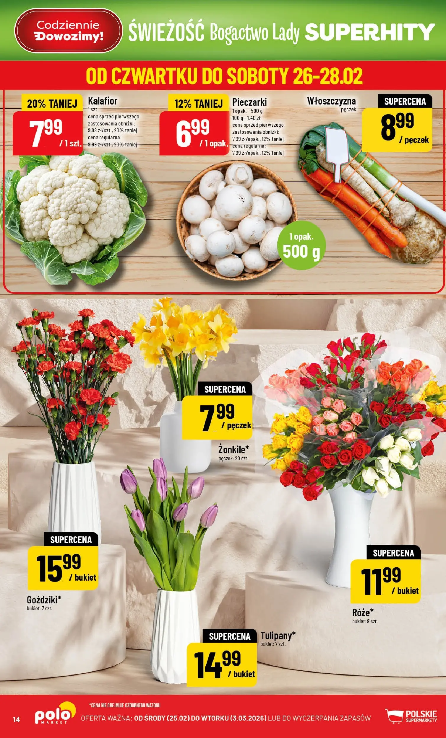 Nowa POLOmarket gazetka od jutra 25.02.2026 (PDF) | Strona: 14 | Produkty: Kalafior, Pieczarki
