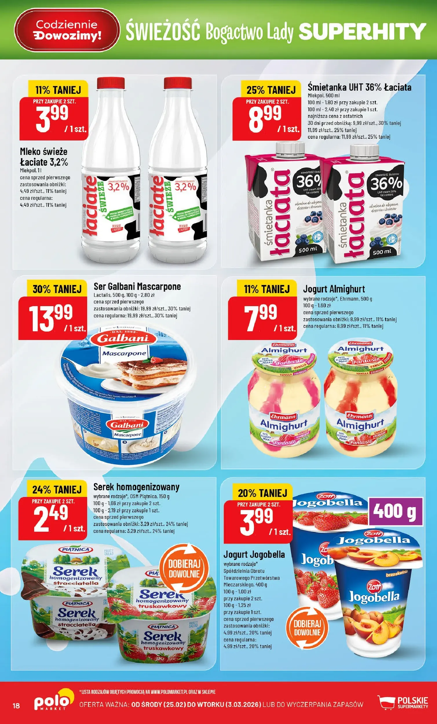 Nowa POLOmarket gazetka od jutra 25.02.2026 (PDF) | Strona: 18 | Produkty: Serek, Mascarpone, Mleko, Jogurt
