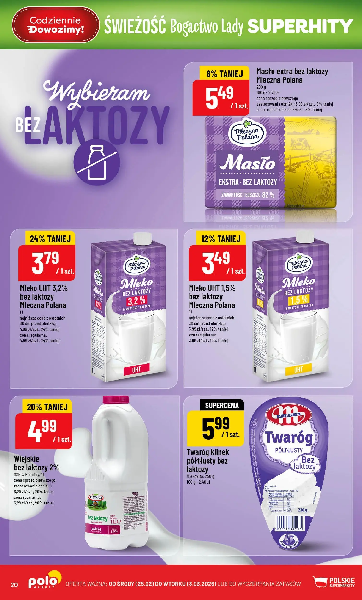 Nowa POLOmarket gazetka od jutra 25.02.2026 (PDF) | Strona: 20 | Produkty: Mleko bez laktozy, Bez laktozy, Mleko, Twaróg