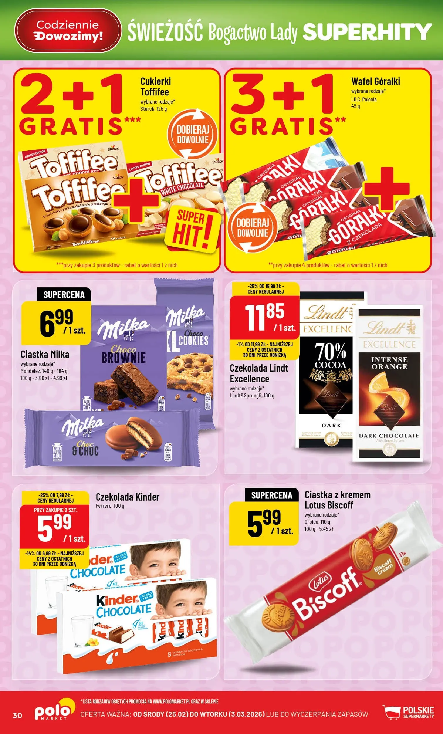 Nowa POLOmarket gazetka od jutra 25.02.2026 (PDF) | Strona: 30 | Produkty: Czekolada lindt, Ciastka z kremem, Czekolada, Brownie