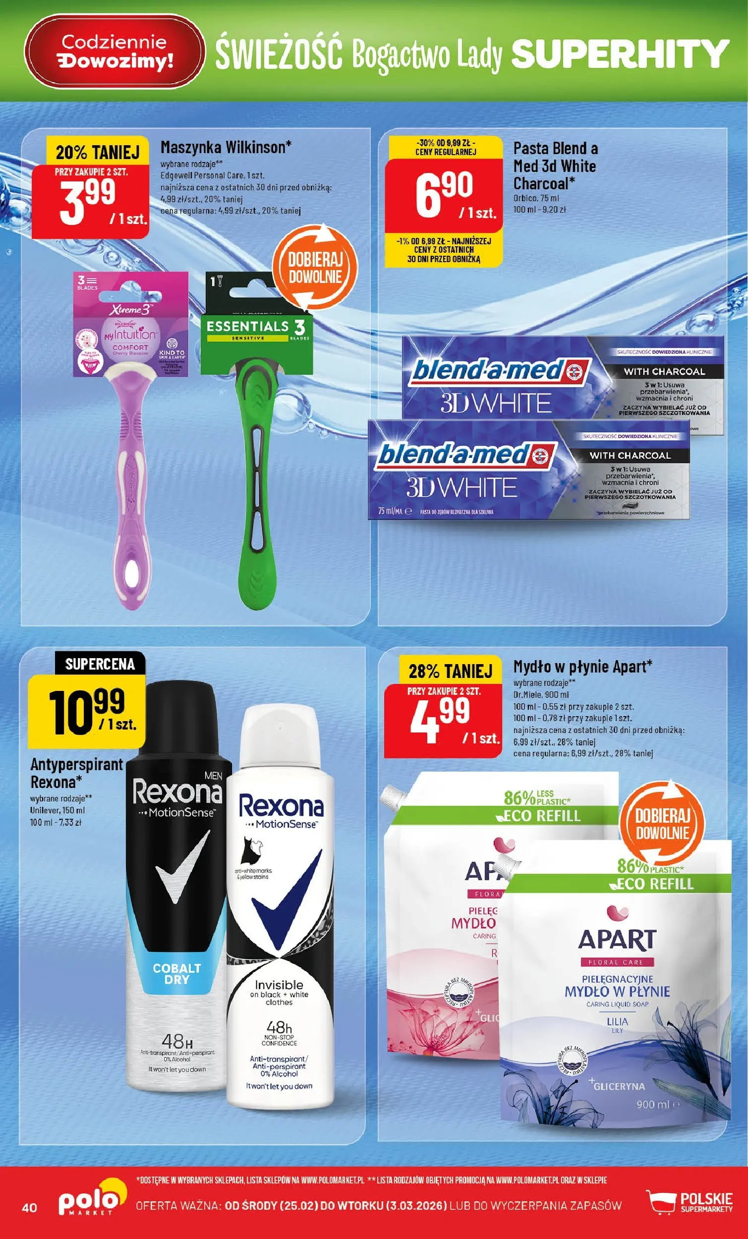 Nowa POLOmarket gazetka od jutra 25.02.2026 (PDF) | Strona: 40 | Produkty: Mydło w płynie, Mydło, Antyperspirant, Pasta do zębów