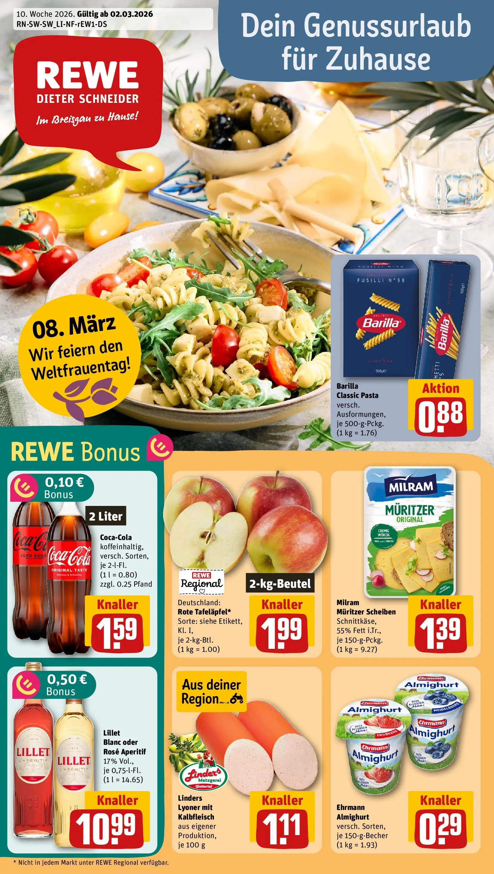 REWE Prospekt ab 01.03.2026 zum Blättern » Angebote | Seite: 1 | Produkte: Ehrmann almighurt, Barilla, Lillet, Pasta