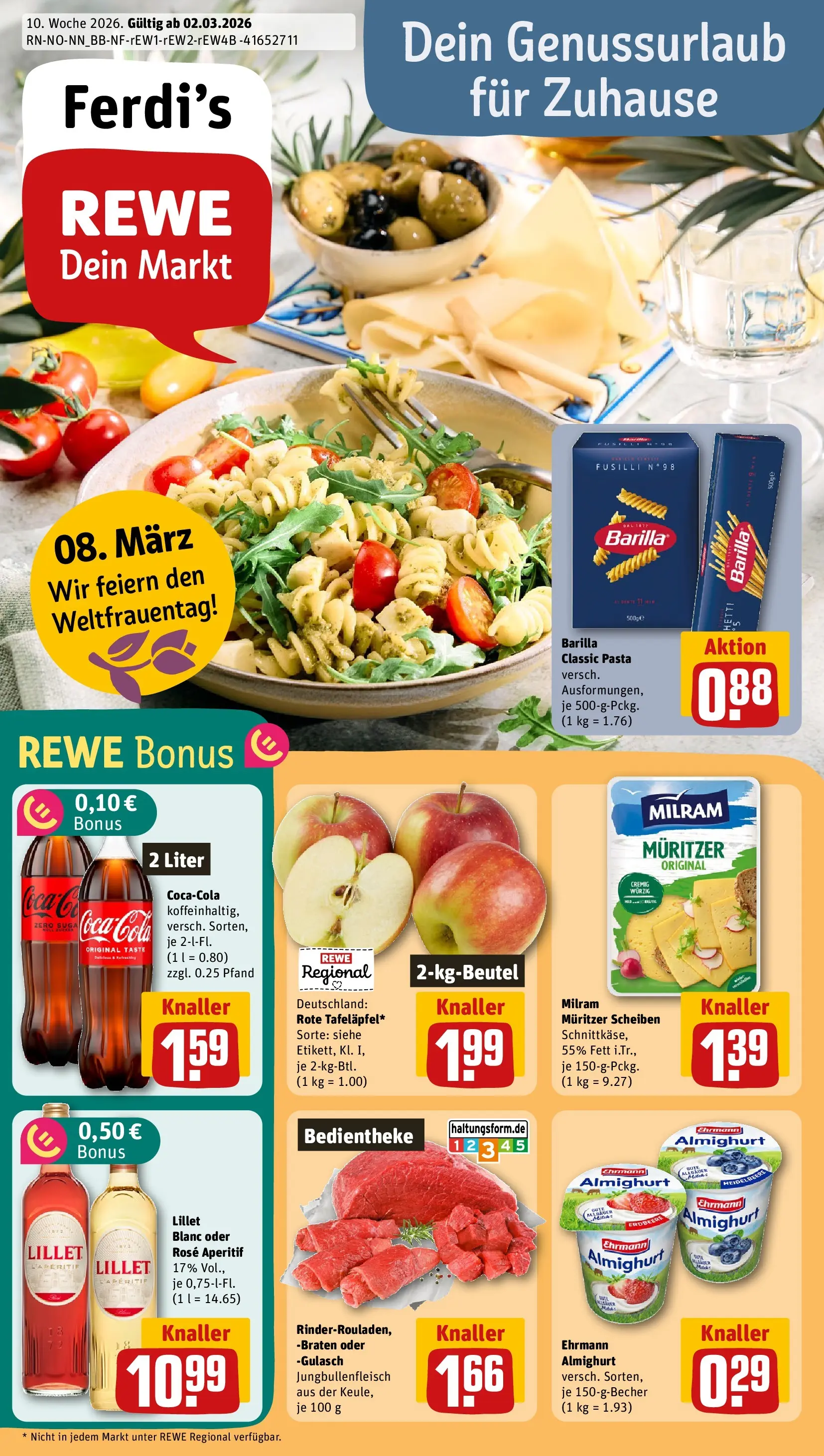 REWE Prospekt ab 01.03.2026 zum Blättern » Angebote | Seite: 1 | Produkte: Ehrmann almighurt, Barilla, Gulasch, Pasta