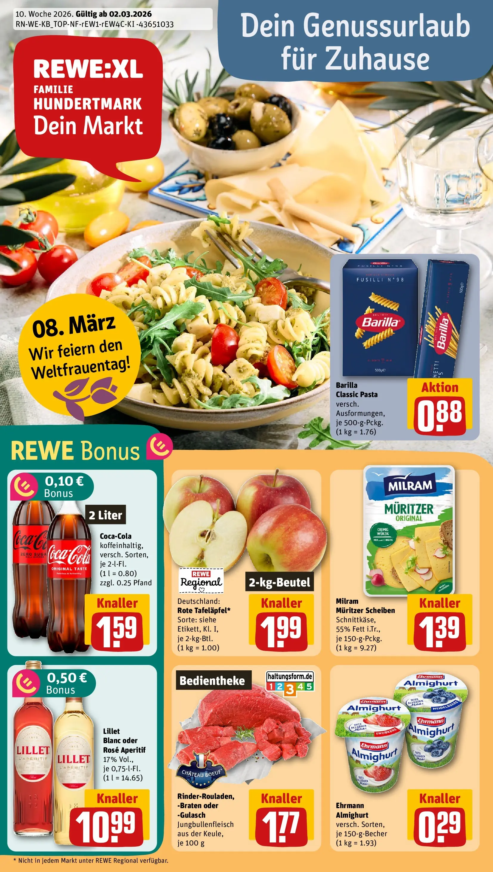REWE Prospekt ab 01.03.2026 zum Blättern » Angebote | Seite: 1 | Produkte: Ehrmann almighurt, Cola, Lillet, Pasta
