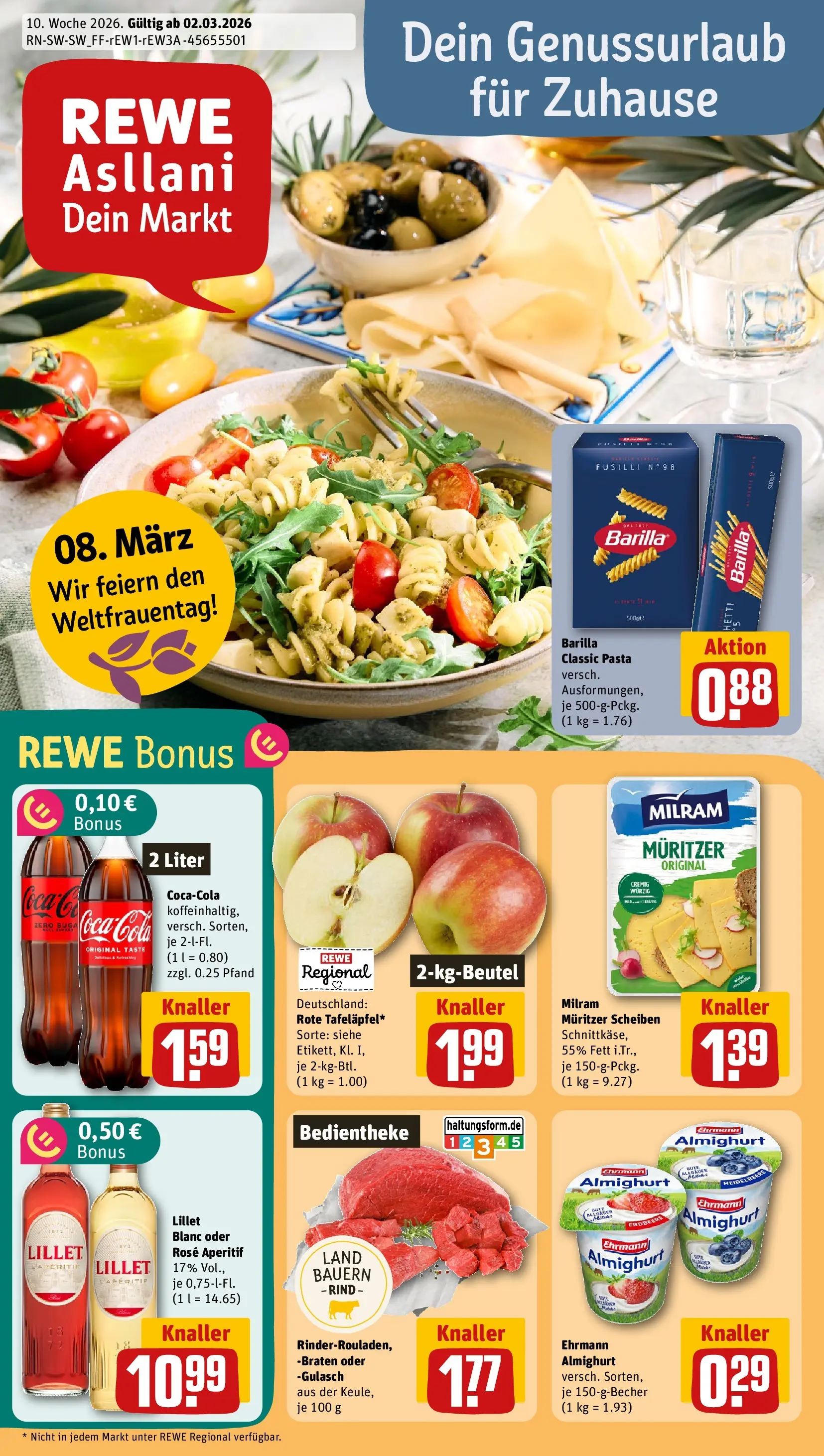 REWE Prospekt ab 01.03.2026 zum Blättern » Angebote | Seite: 1 | Produkte: Coca cola, Cola, Milram, Pasta