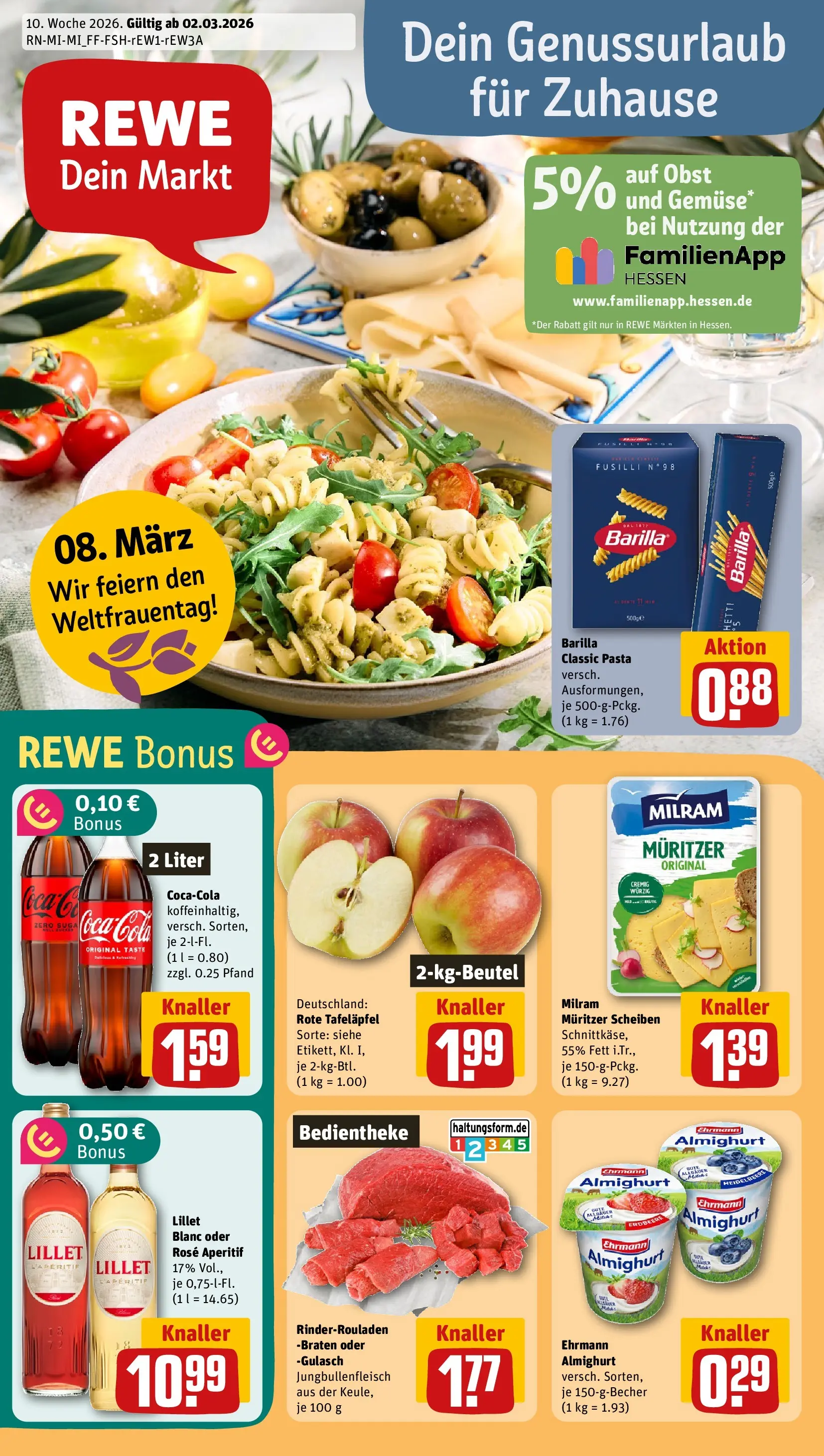 REWE Prospekt ab 01.03.2026 zum Blättern » Angebote | Seite: 1 | Produkte: Cola, Barilla, Milram, Gulasch