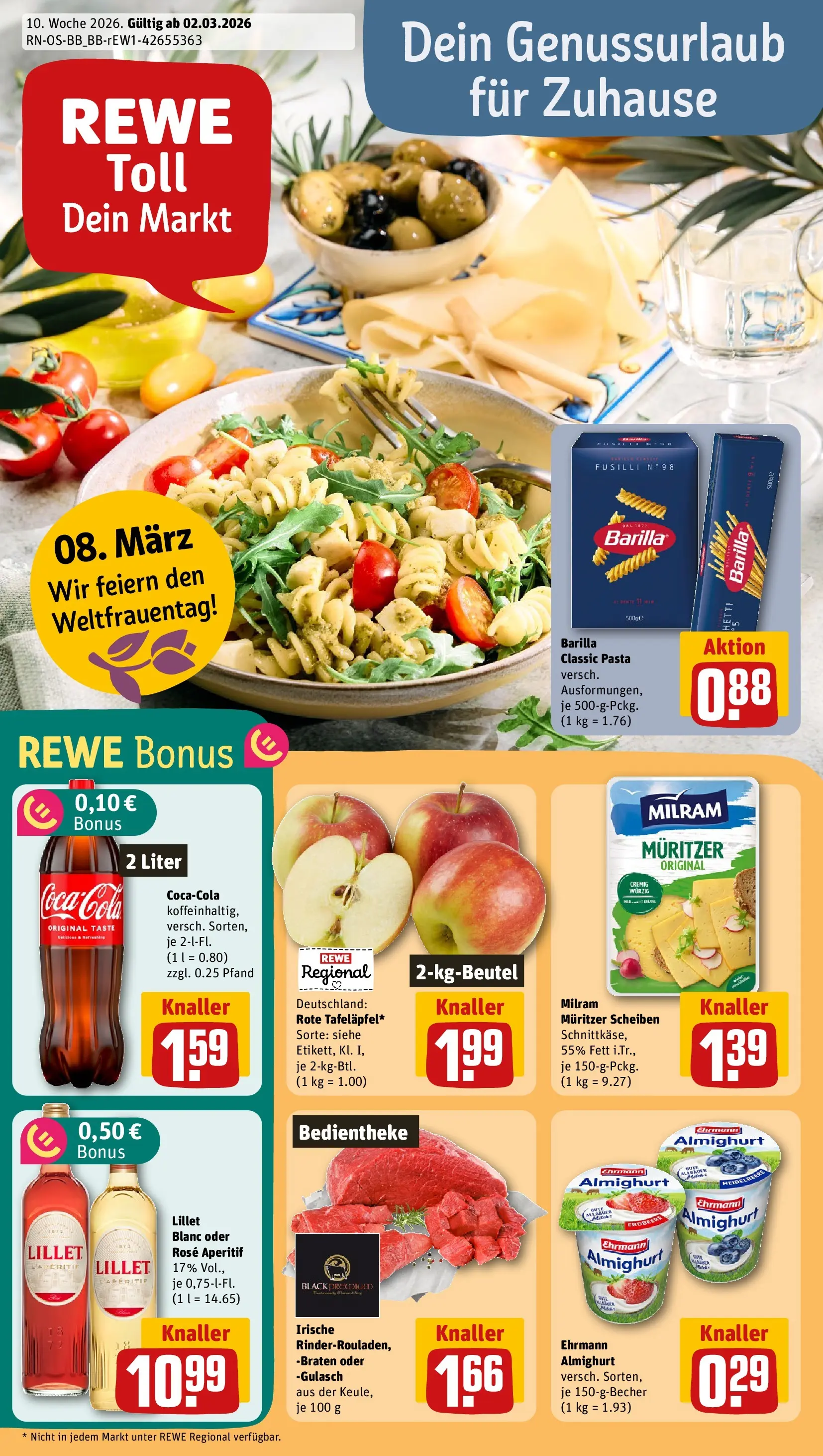 REWE Prospekt ab 01.03.2026 zum Blättern » Angebote | Seite: 1 | Produkte: Cola, Barilla, Gulasch, Pasta