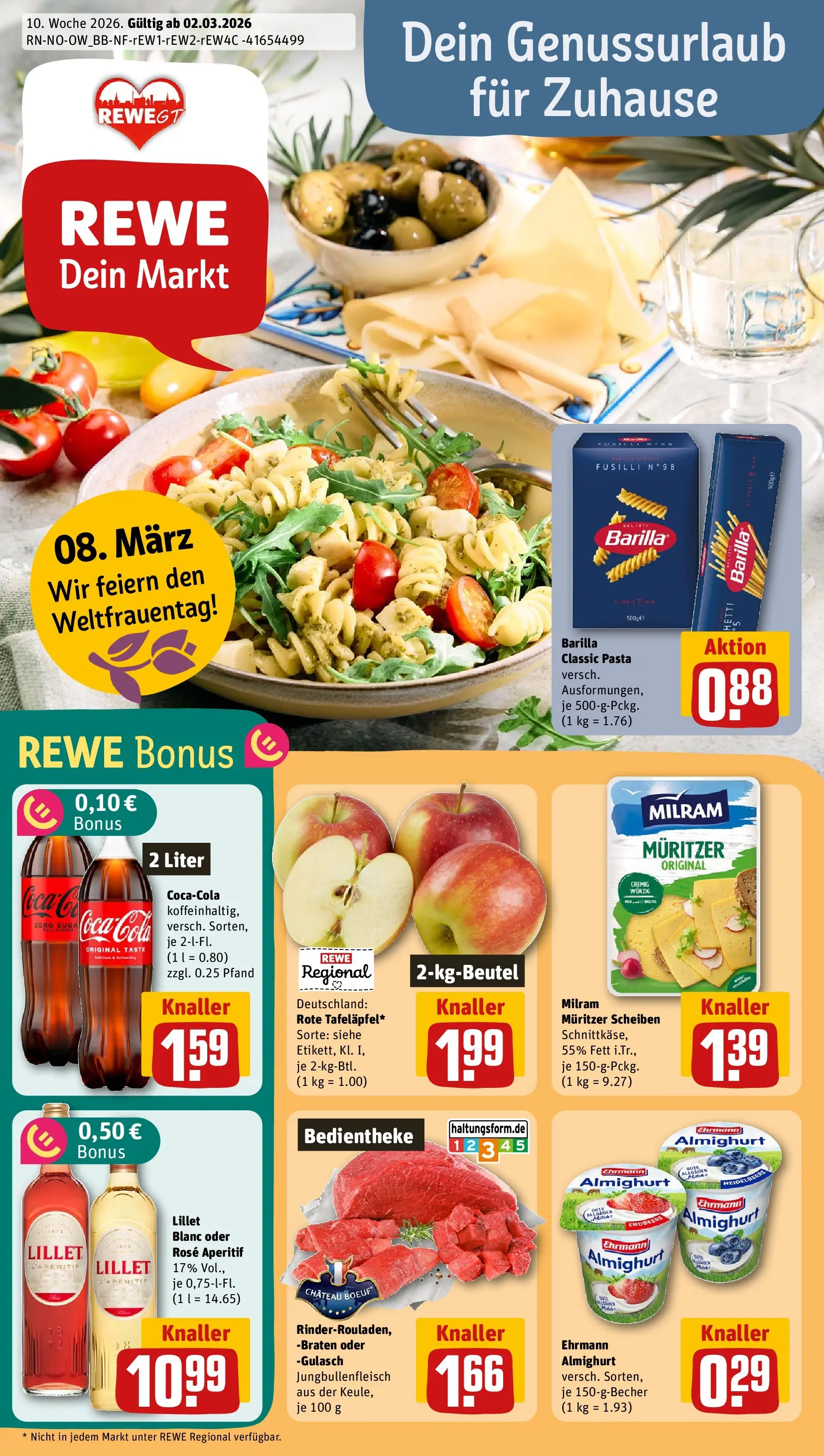REWE Prospekt ab 01.03.2026 zum Blättern » Angebote | Seite: 1 | Produkte: Barilla, Lillet, Gulasch, Pasta