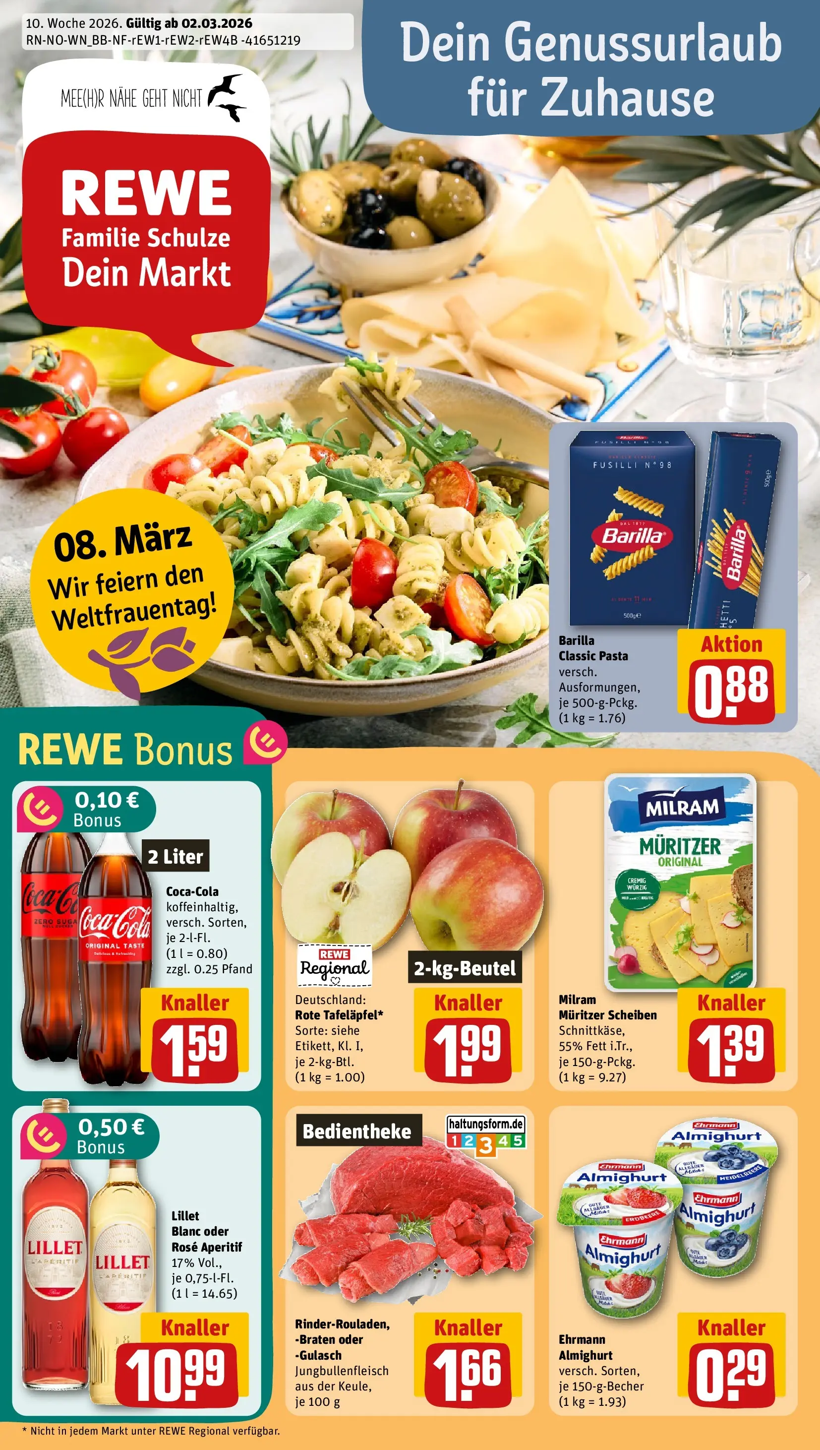 REWE Prospekt ab 01.03.2026 zum Blättern » Angebote | Seite: 1 | Produkte: Ehrmann almighurt, Cola, Lillet, Gulasch