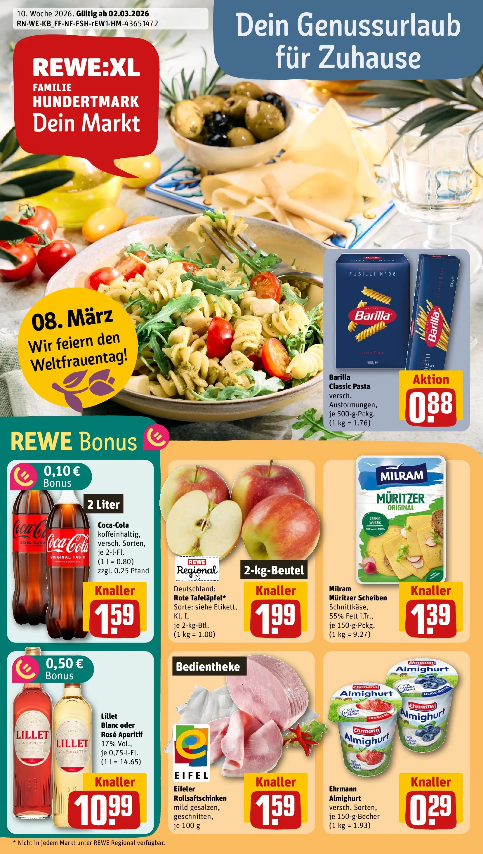 REWE Prospekt ab 01.03.2026 zum Blättern » Angebote | Seite: 1 | Produkte: Ehrmann almighurt, Barilla, Lillet, Milram
