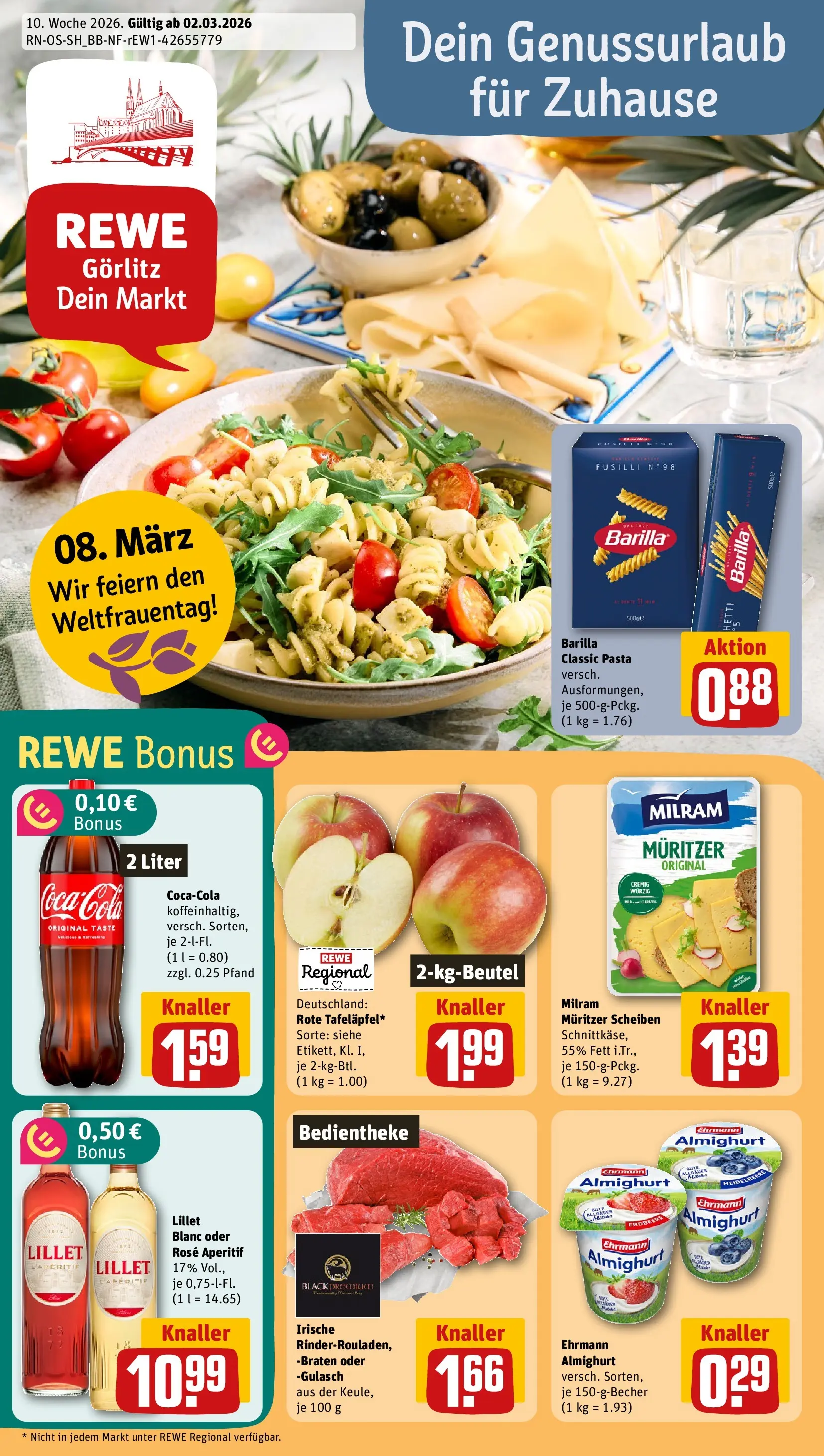 REWE Prospekt ab 01.03.2026 zum Blättern » Angebote | Seite: 1 | Produkte: Barilla, Lillet, Gulasch, Pasta