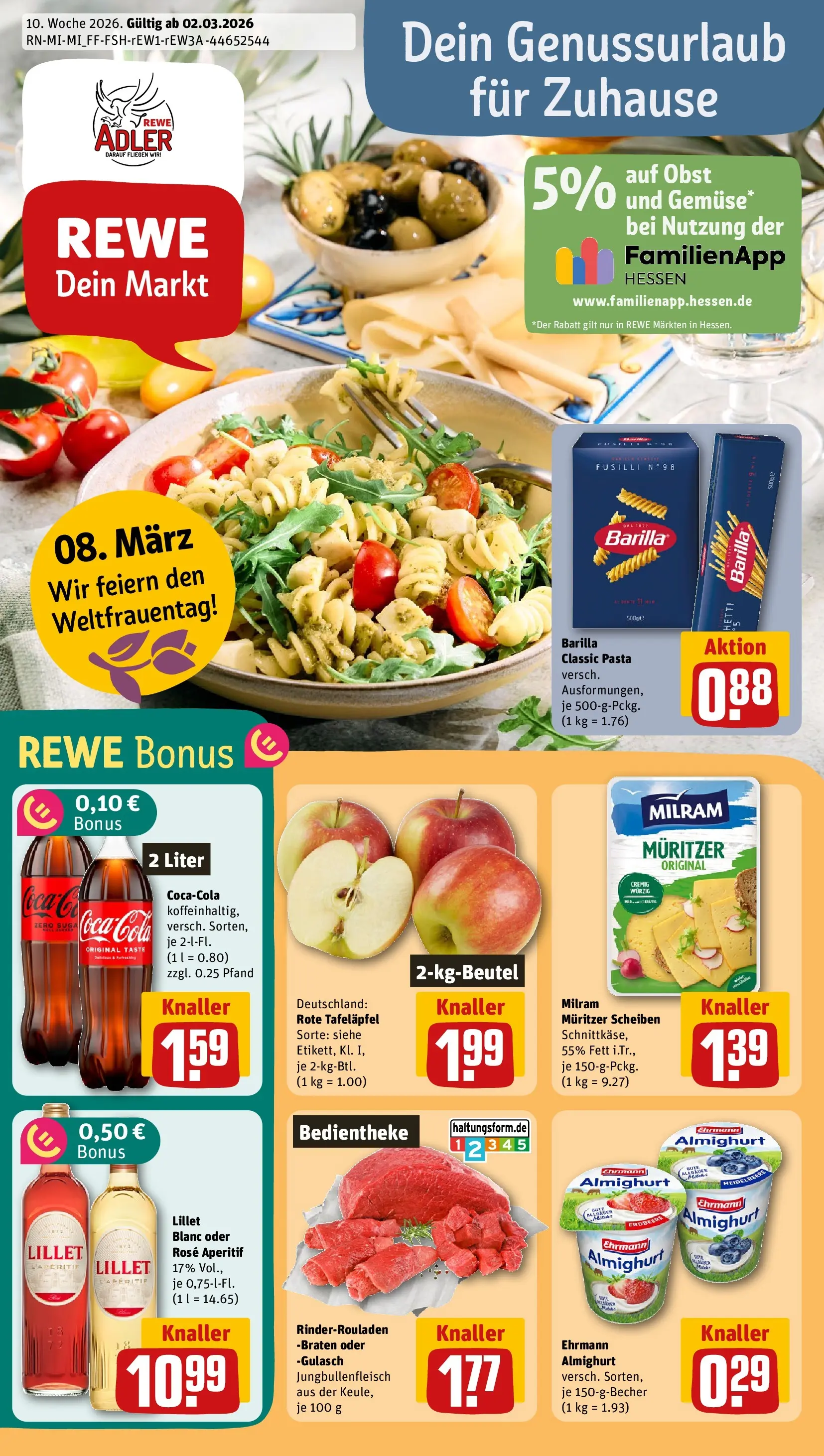 REWE Prospekt ab 01.03.2026 zum Blättern » Angebote | Seite: 1 | Produkte: Cola, Barilla, Milram, Pasta