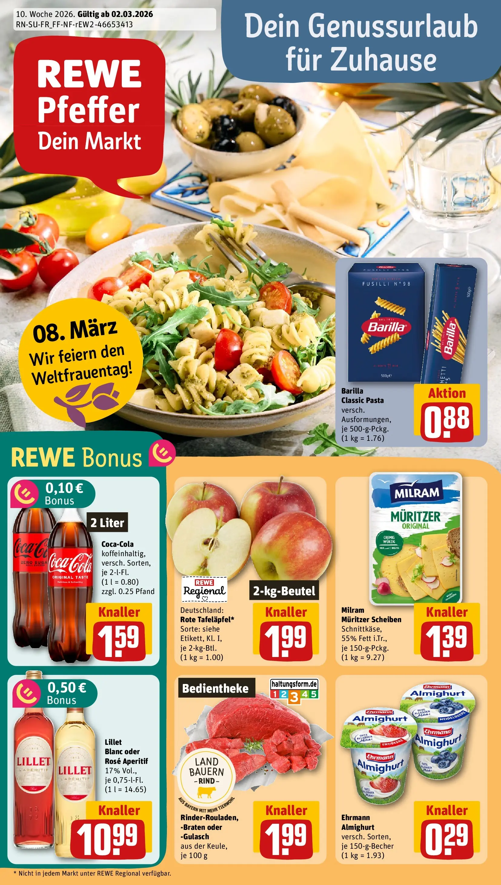 REWE Prospekt ab 01.03.2026 zum Blättern » Angebote | Seite: 1 | Produkte: Ehrmann almighurt, Lillet, Milram, Pasta