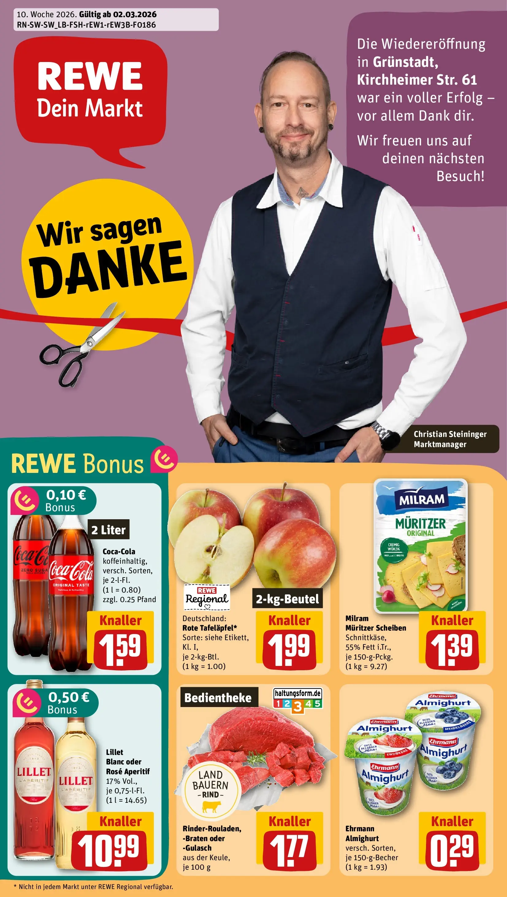 REWE Prospekt ab 01.03.2026 zum Blättern » Angebote | Seite: 1 | Produkte: Ehrmann almighurt, Cola, Lillet, Milram