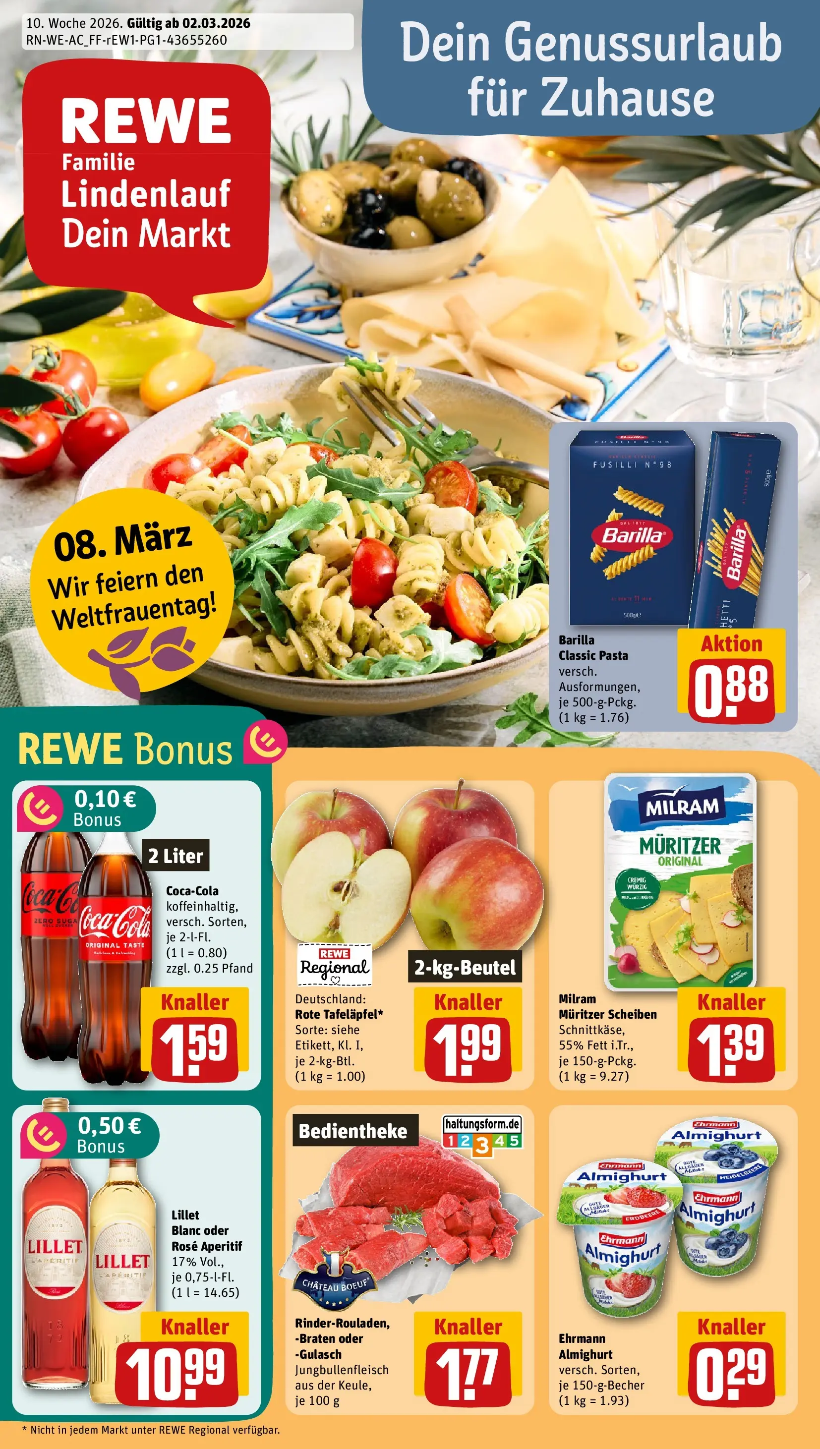 REWE Prospekt ab 01.03.2026 zum Blättern » Angebote | Seite: 1 | Produkte: Ehrmann almighurt, Barilla, Gulasch, Pasta