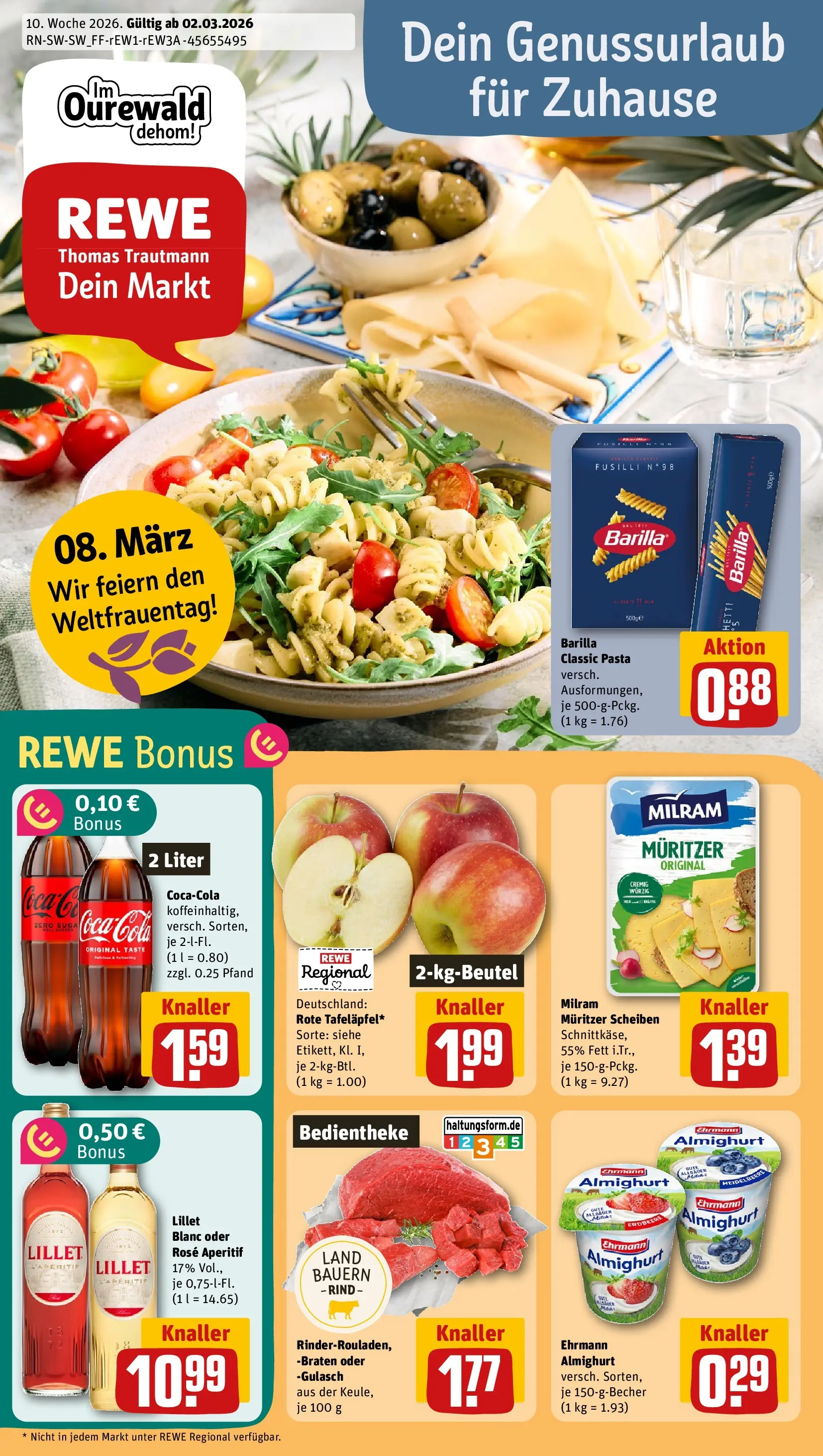 REWE Prospekt ab 01.03.2026 zum Blättern » Angebote | Seite: 1 | Produkte: Cola, Barilla, Milram, Gulasch