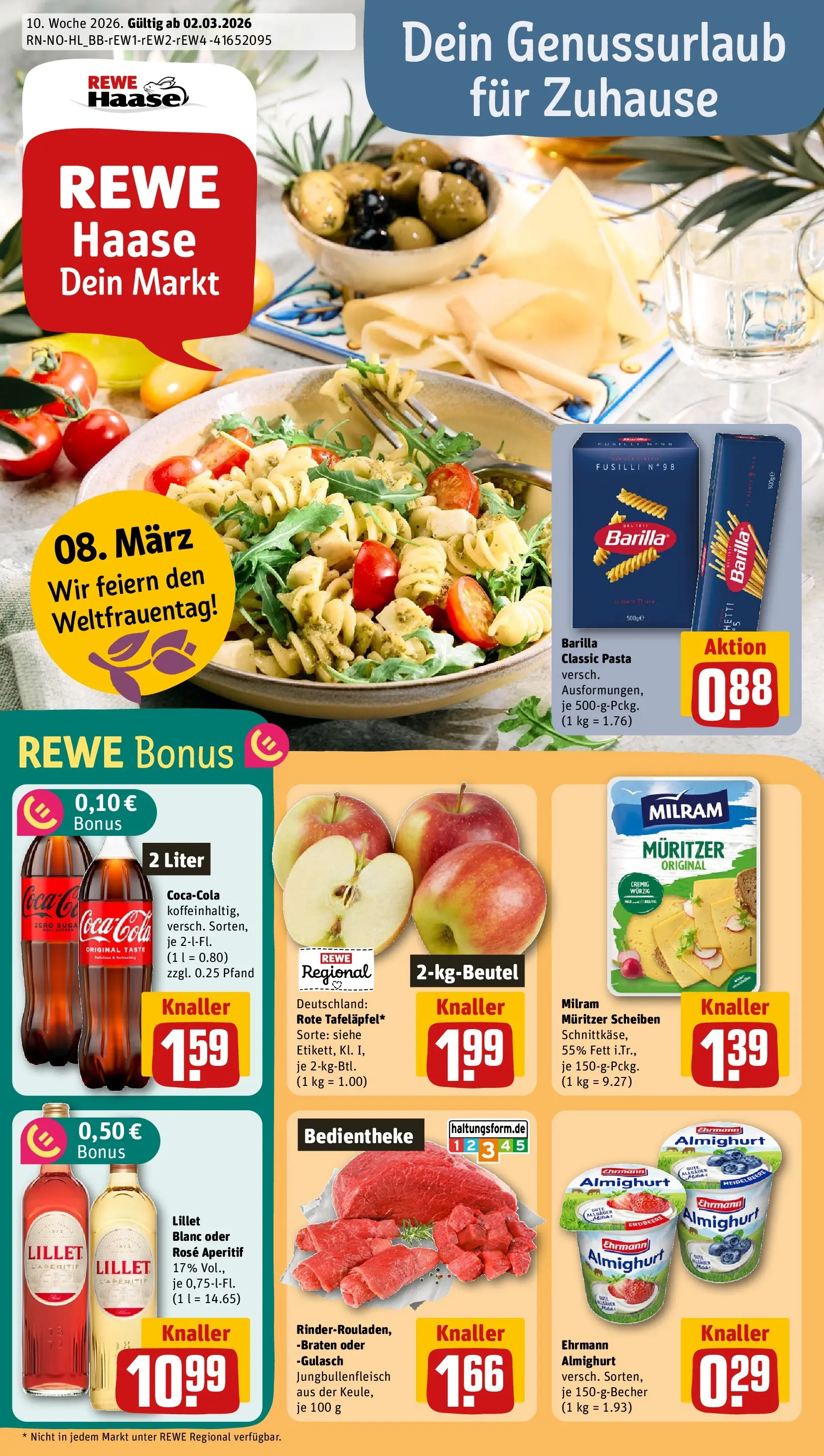 REWE Prospekt ab 01.03.2026 zum Blättern » Angebote | Seite: 1 | Produkte: Ehrmann almighurt, Barilla, Lillet, Pasta