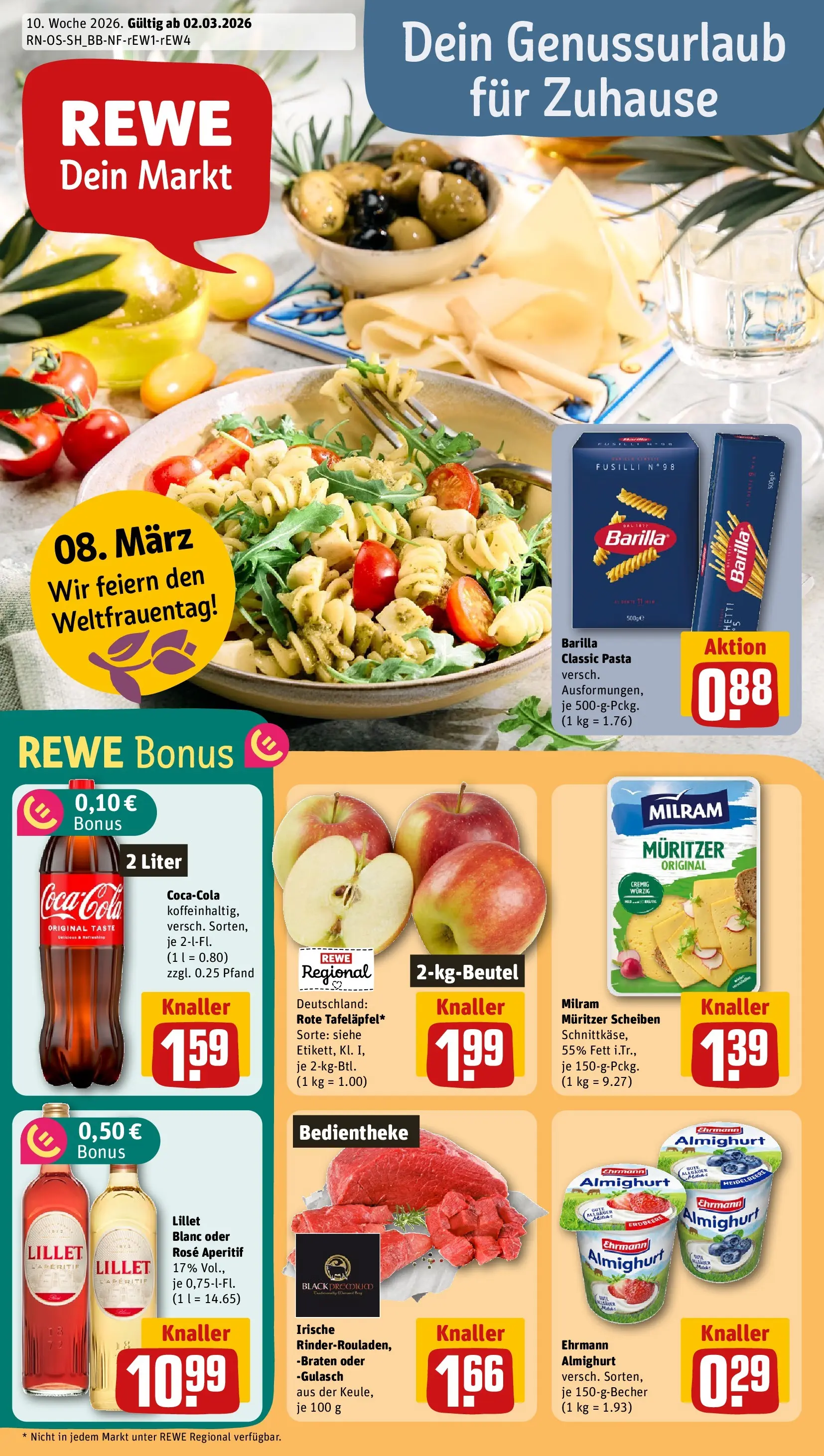 REWE Prospekt ab 01.03.2026 zum Blättern » Angebote | Seite: 1 | Produkte: Lillet, Milram, Gulasch, Pasta