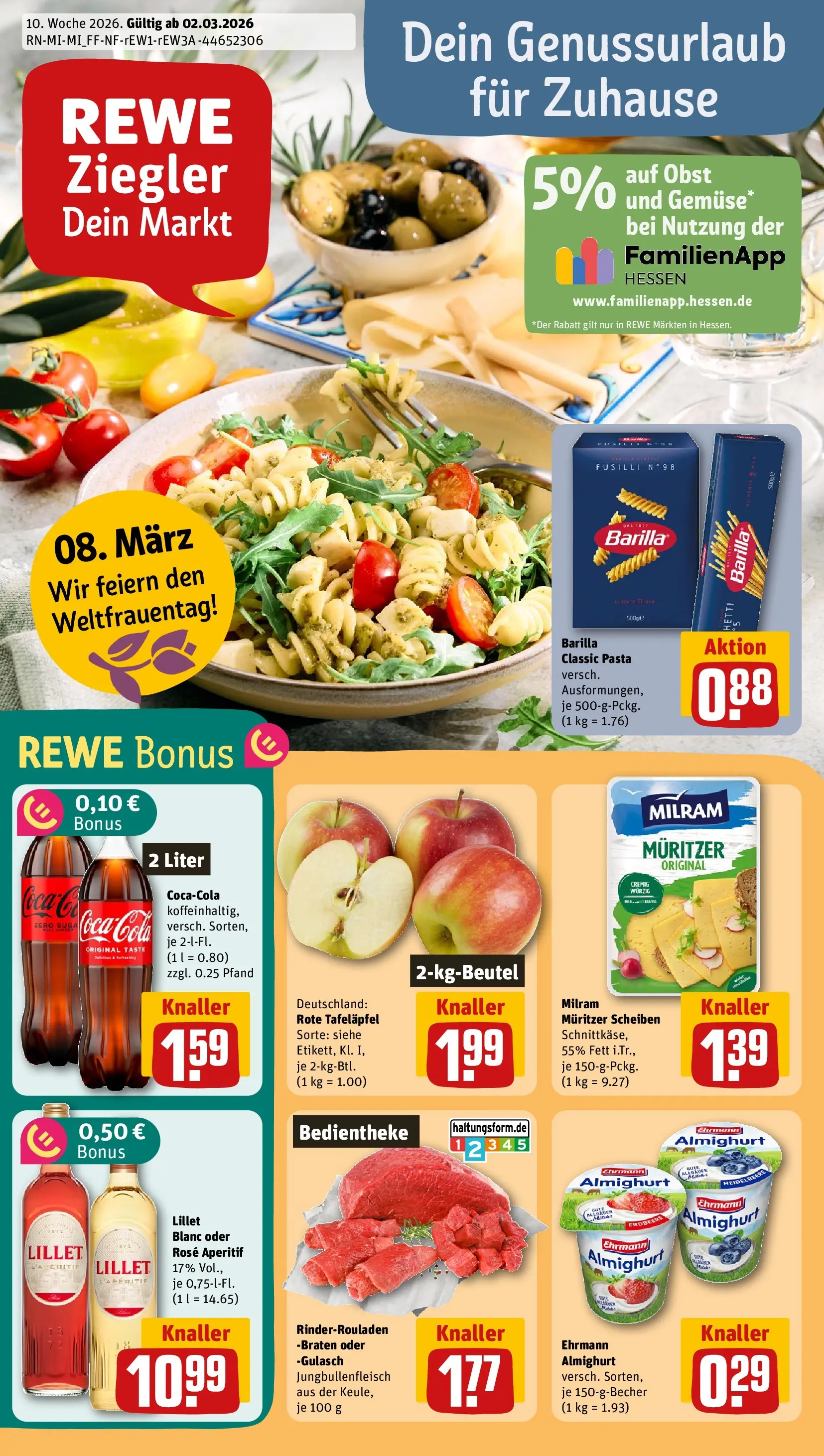 REWE Prospekt ab 02.03.2026 zum Blättern » Angebote | Seite: 1 | Produkte: Cola, Barilla, Lillet, Pasta