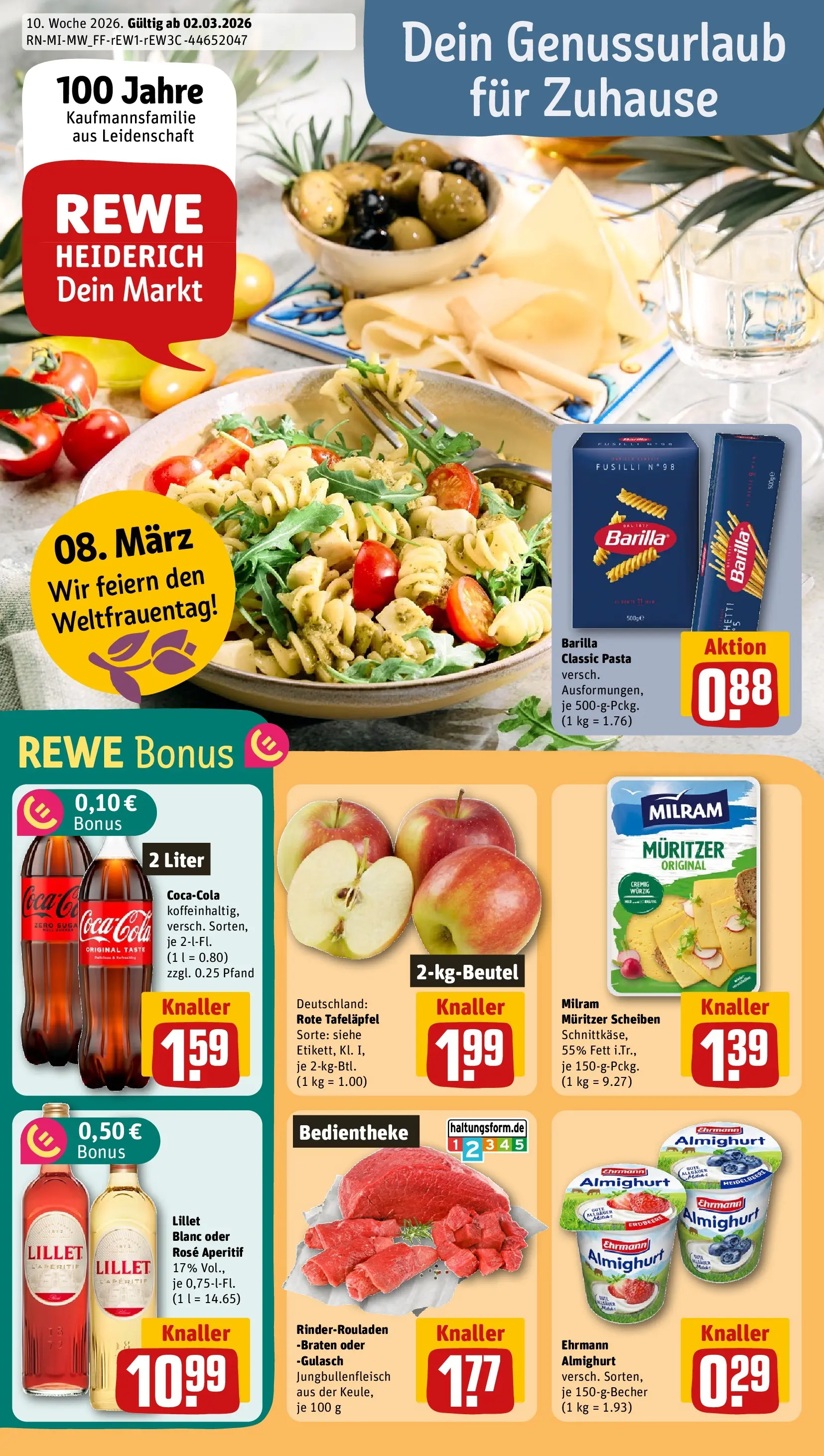 REWE Prospekt ab 02.03.2026 zum Blättern » Angebote | Seite: 1 | Produkte: Rinderrouladen, Barilla, Lillet, Gulasch