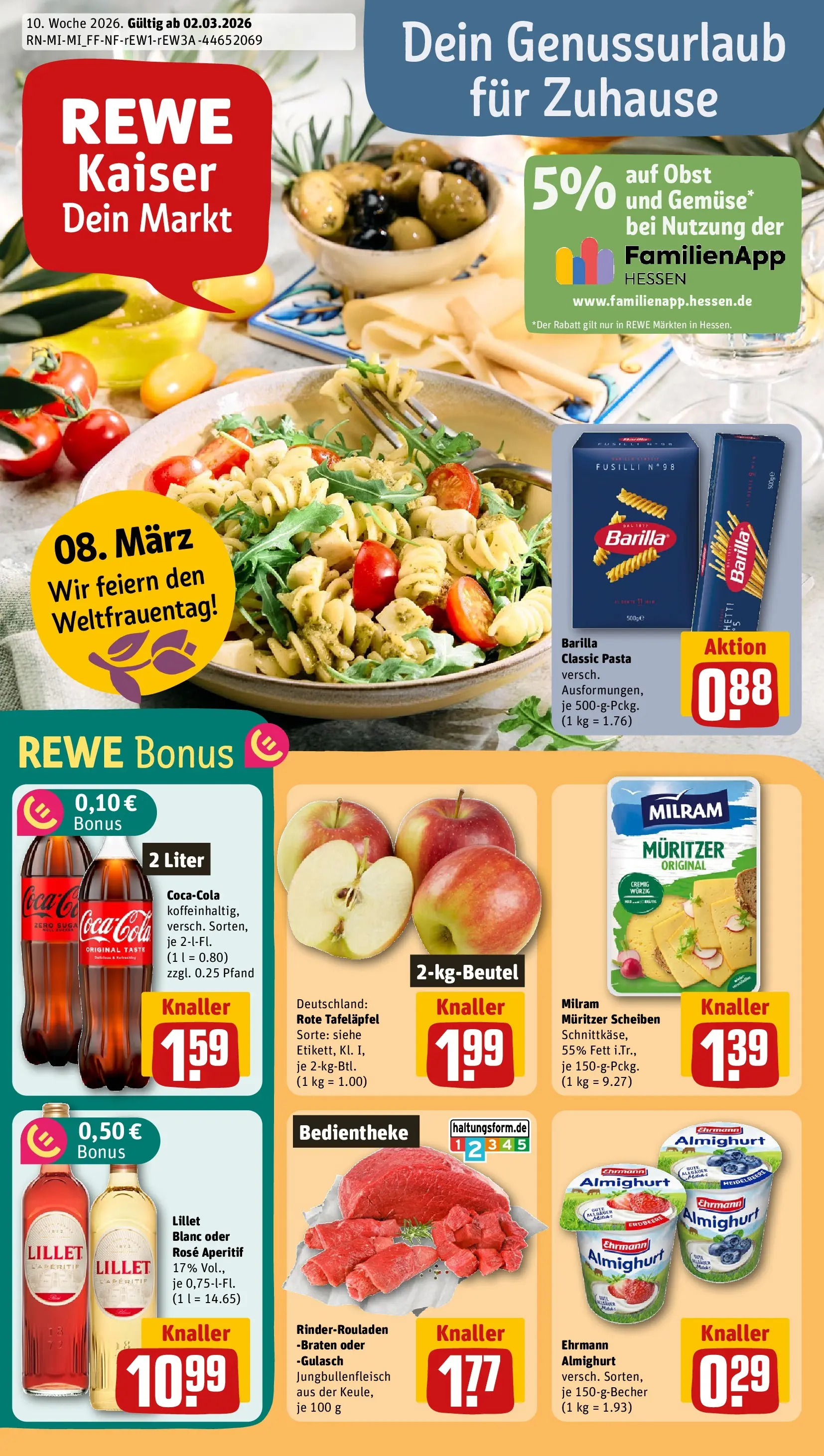 REWE Prospekt ab 02.03.2026 zum Blättern » Angebote | Seite: 1 | Produkte: Barilla, Lillet, Milram, Pasta