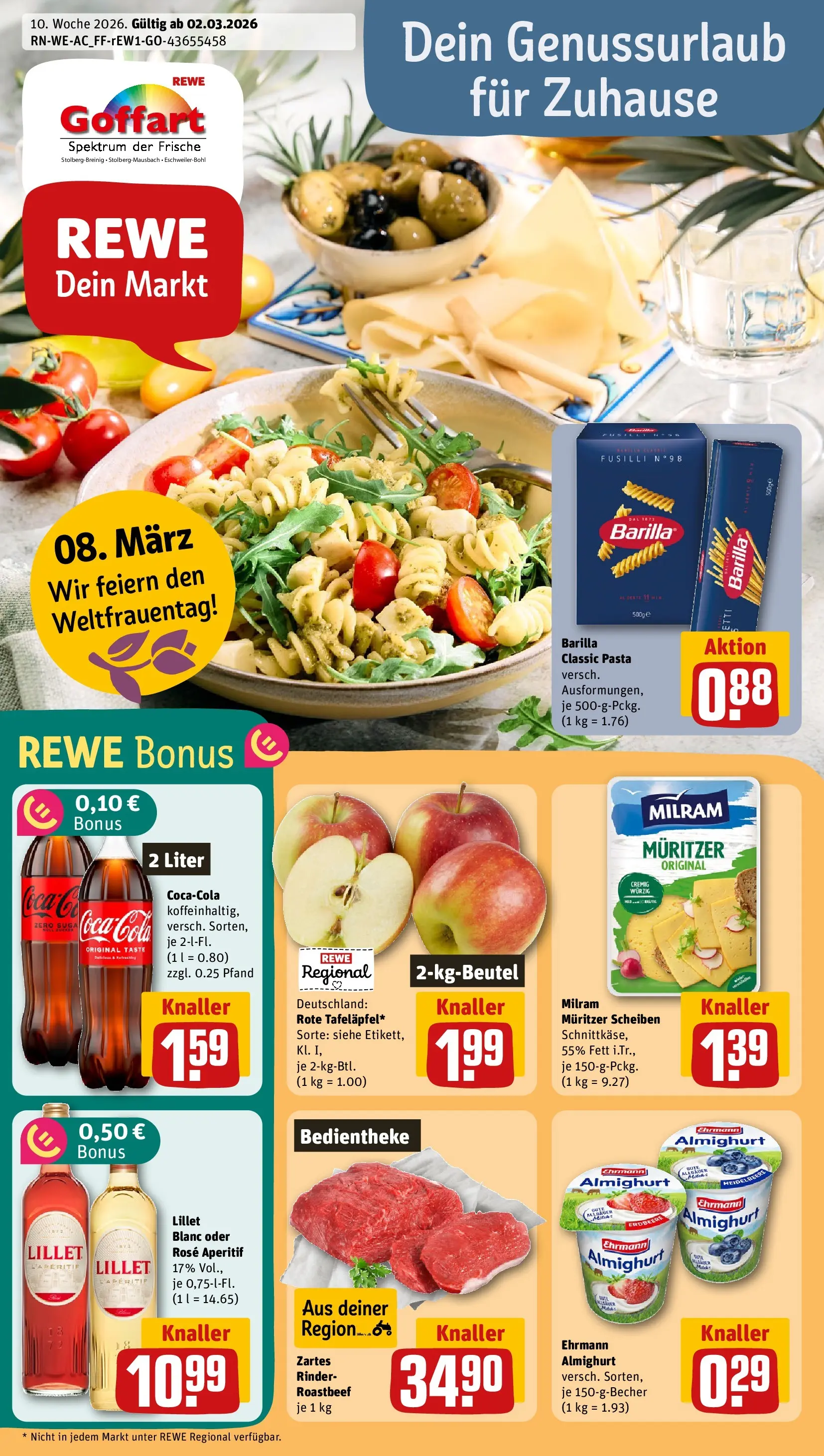 REWE Prospekt ab 02.03.2026 zum Blättern » Angebote | Seite: 1 | Produkte: Ehrmann almighurt, Roastbeef, Milram, Pasta
