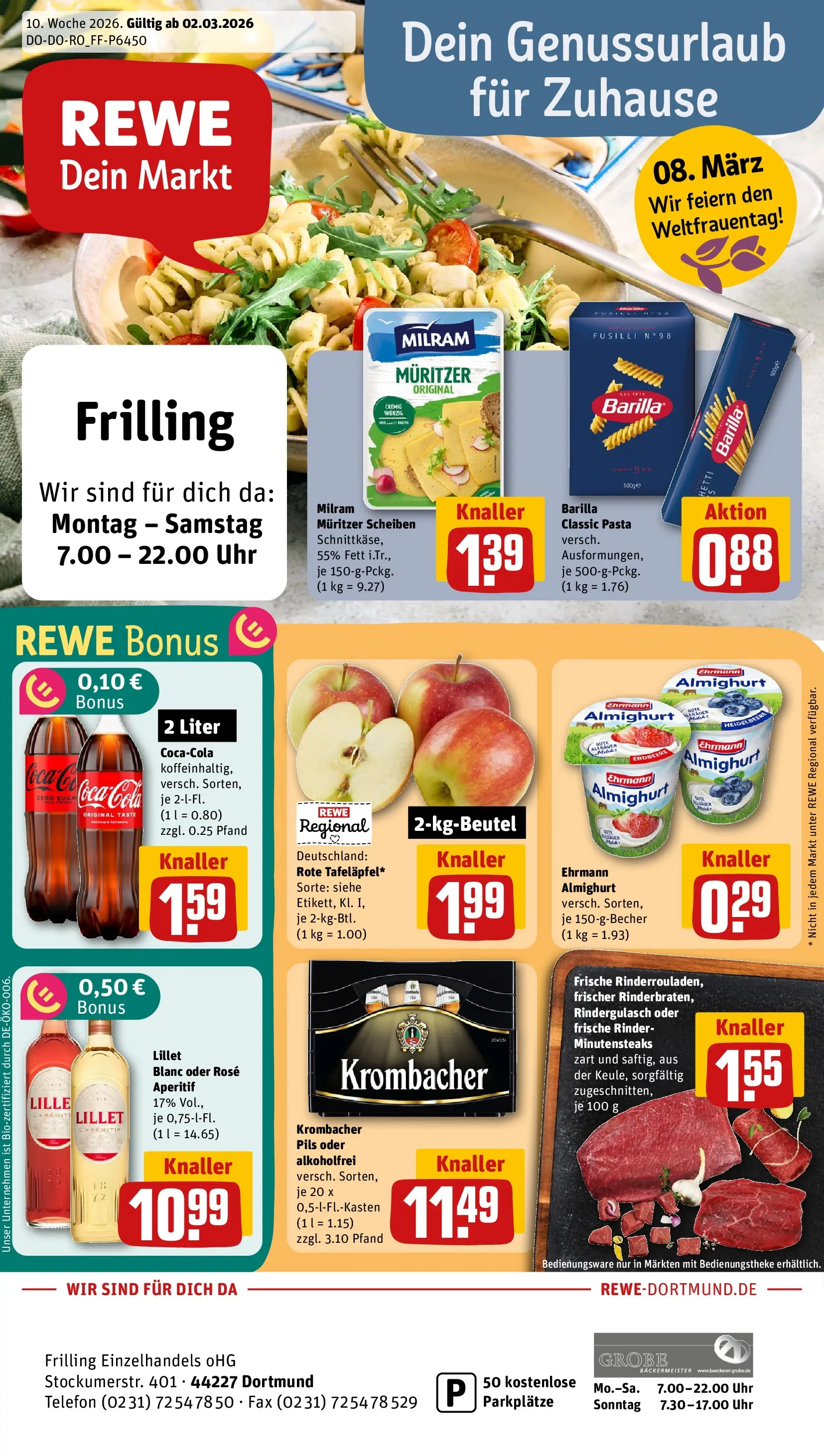REWE Prospekt ab 02.03.2026 zum Blättern » Angebote | Seite: 1 | Produkte: Rindergulasch, Barilla, Pasta, Uhr