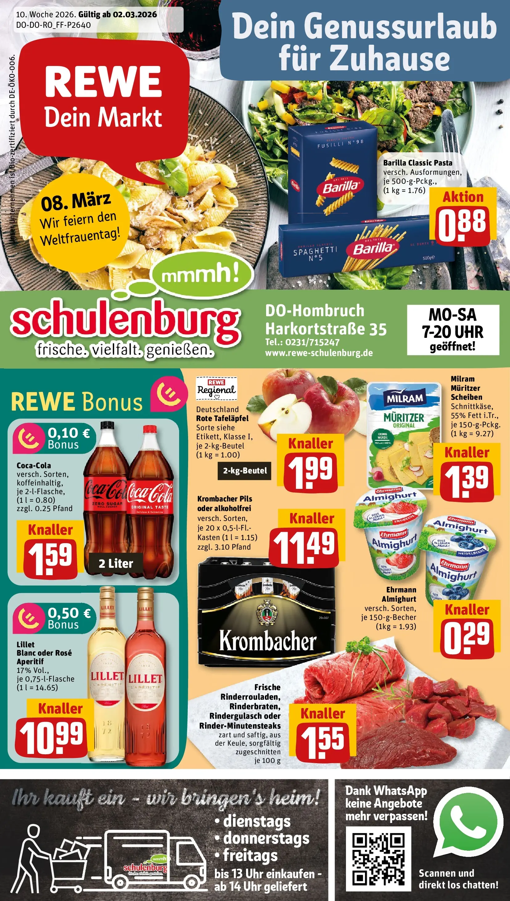 REWE Prospekt ab 02.03.2026 zum Blättern » Angebote | Seite: 1 | Produkte: Ehrmann almighurt, Cola, Lillet, Pasta