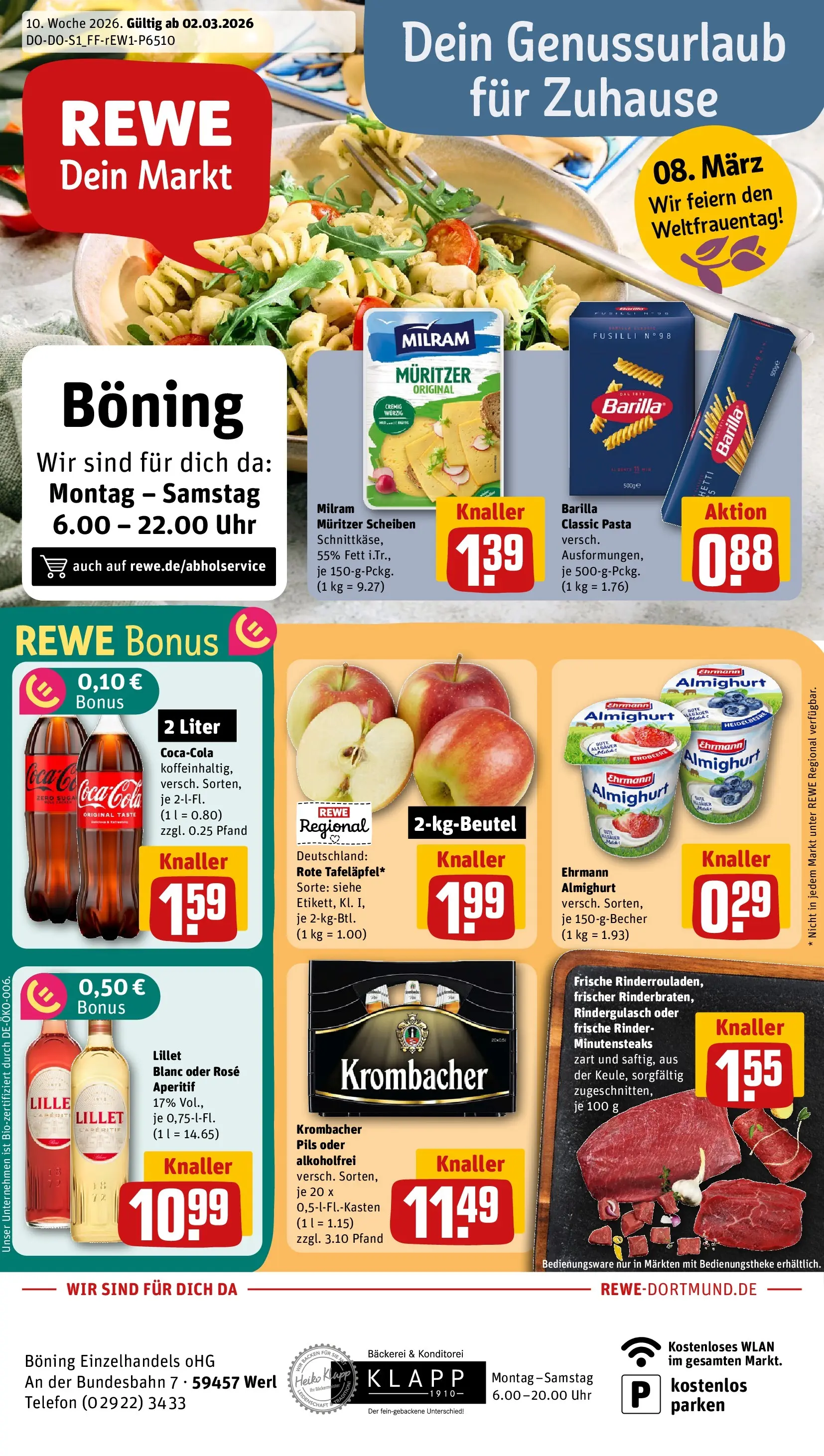 REWE Prospekt ab 02.03.2026 zum Blättern » Angebote | Seite: 1 | Produkte: Rindergulasch, Cola, Telefon, Uhr