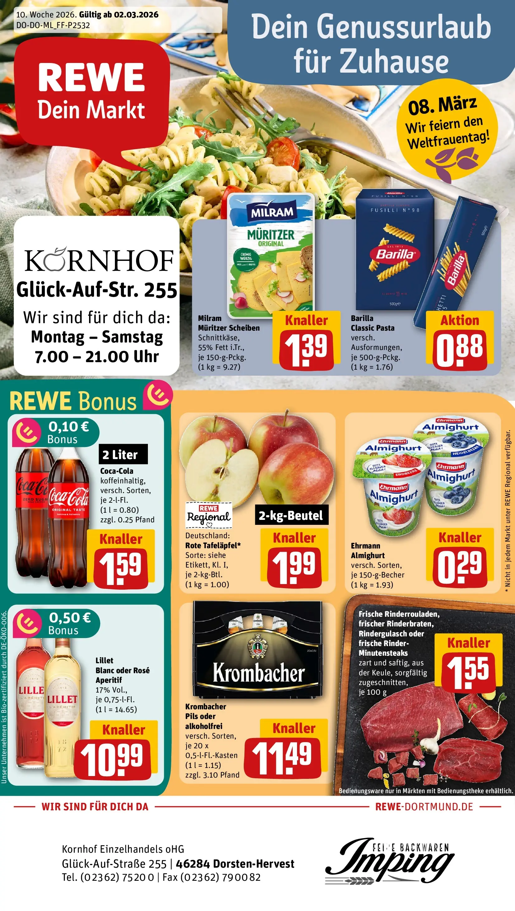 REWE Prospekt ab 02.03.2026 zum Blättern » Angebote | Seite: 1 | Produkte: Rindergulasch, Pils, Milram, Pasta