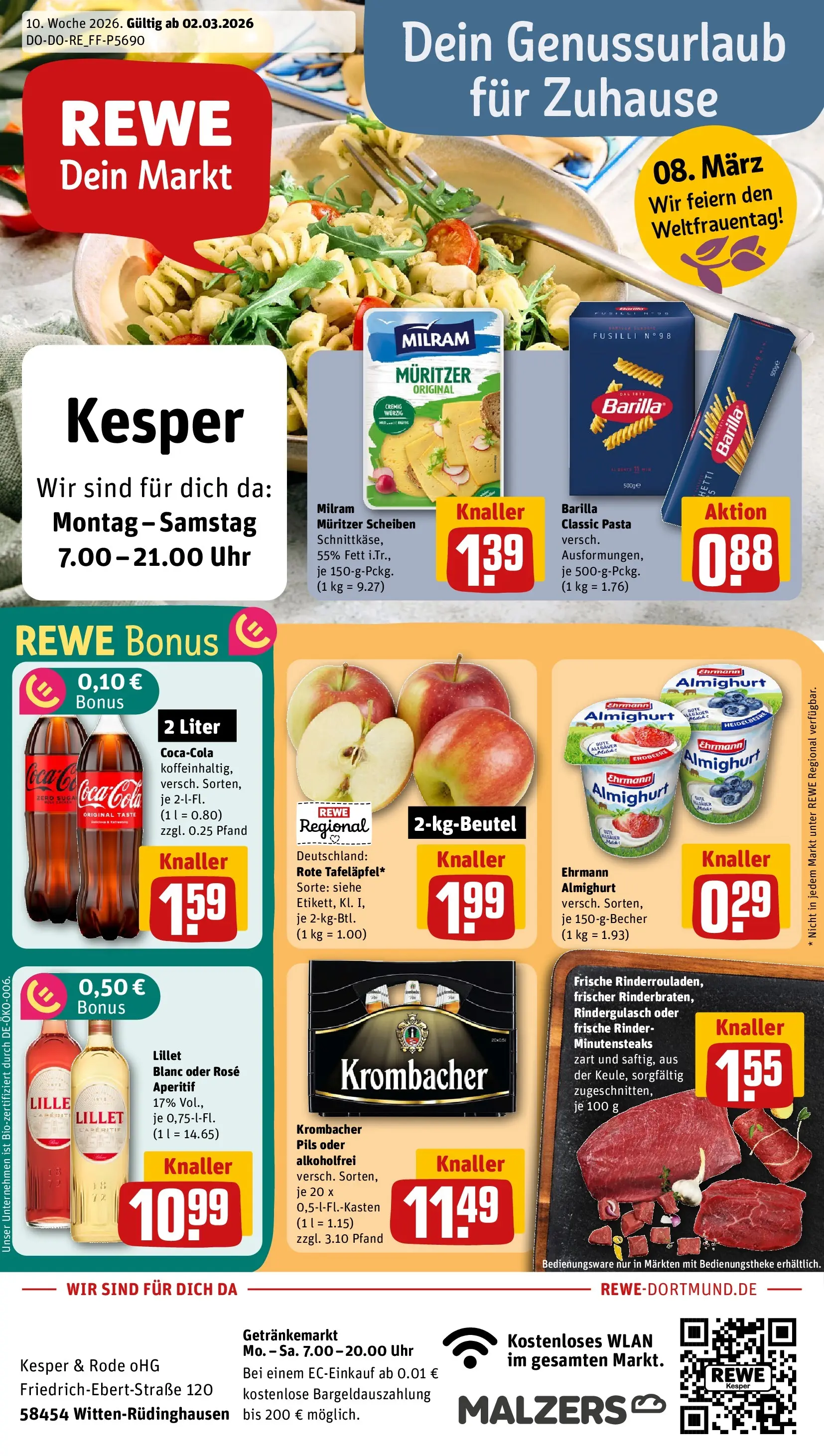 REWE Prospekt ab 02.03.2026 zum Blättern » Angebote | Seite: 1 | Produkte: Cola, Barilla, Lillet, Uhr