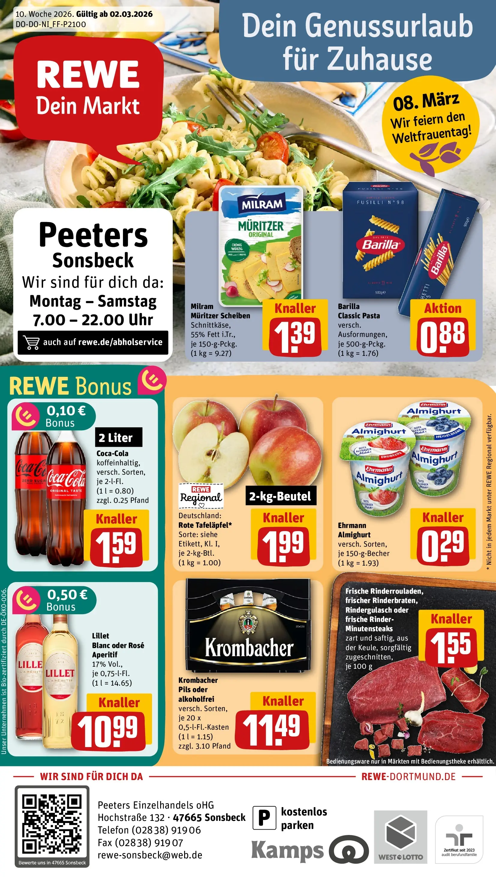 REWE Prospekt ab 02.03.2026 zum Blättern » Angebote | Seite: 1 | Produkte: Cola, Barilla, Milram, Krombacher