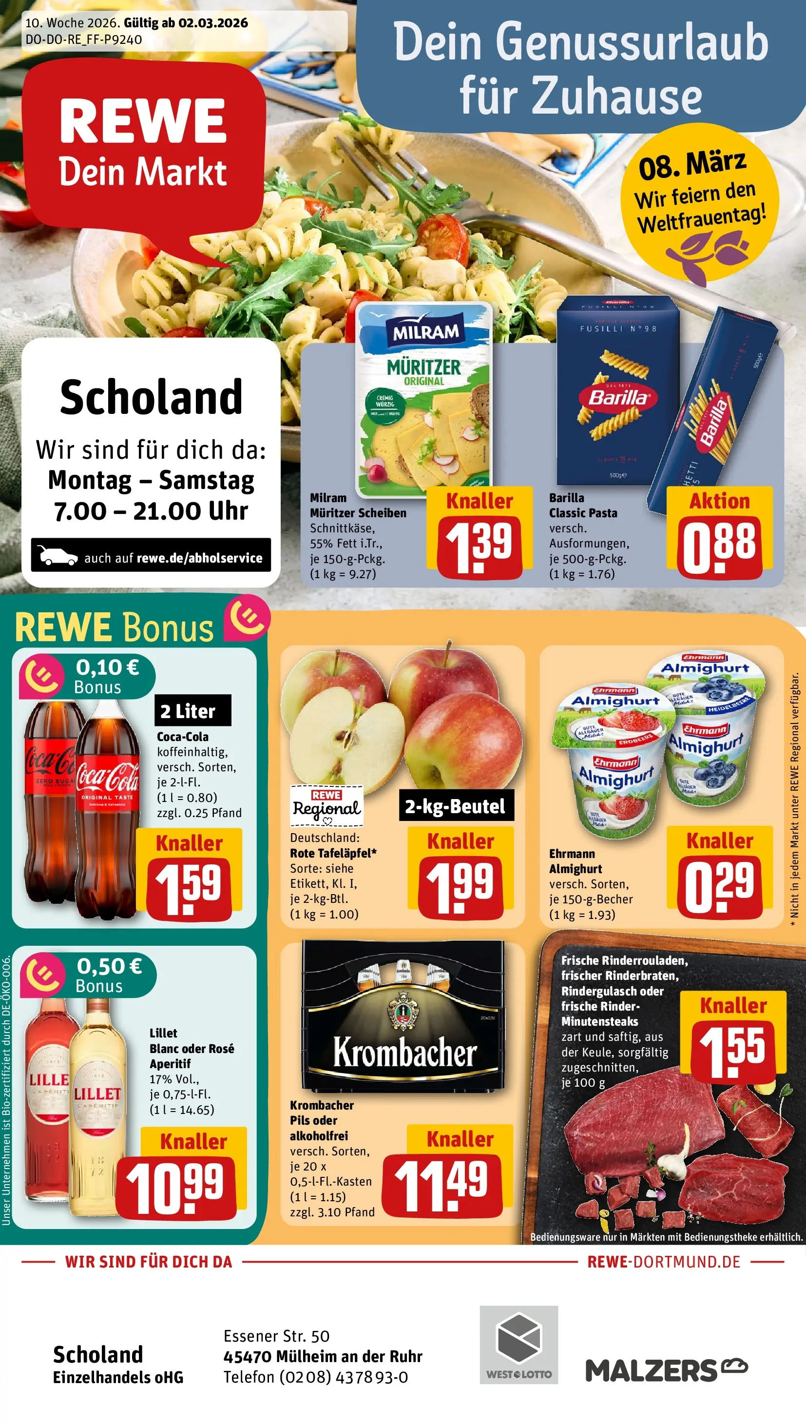 REWE Prospekt ab 02.03.2026 zum Blättern » Angebote | Seite: 1 | Produkte: Barilla, Milram, Telefon, Uhr