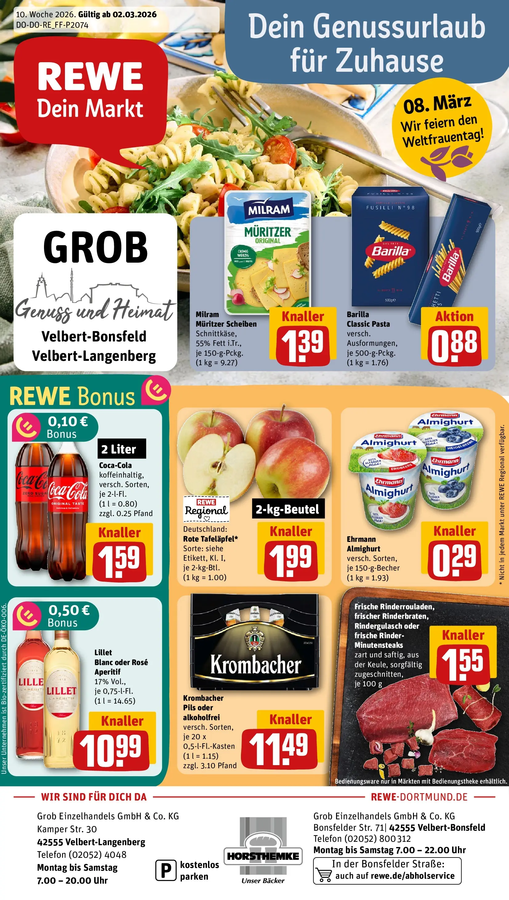 REWE Prospekt ab 02.03.2026 zum Blättern » Angebote | Seite: 1 | Produkte: Rindergulasch, Ehrmann almighurt, Lillet, Milram