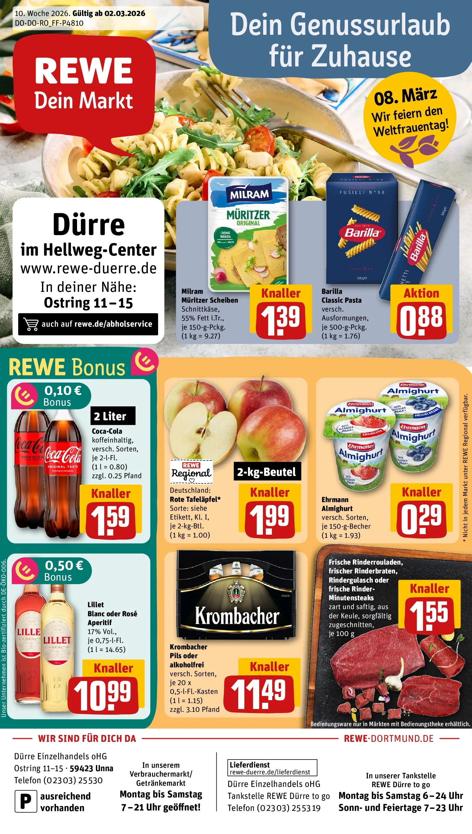 REWE Prospekt ab 02.03.2026 zum Blättern » Angebote | Seite: 1 | Produkte: Rindergulasch, Pils, Krombacher, Uhr