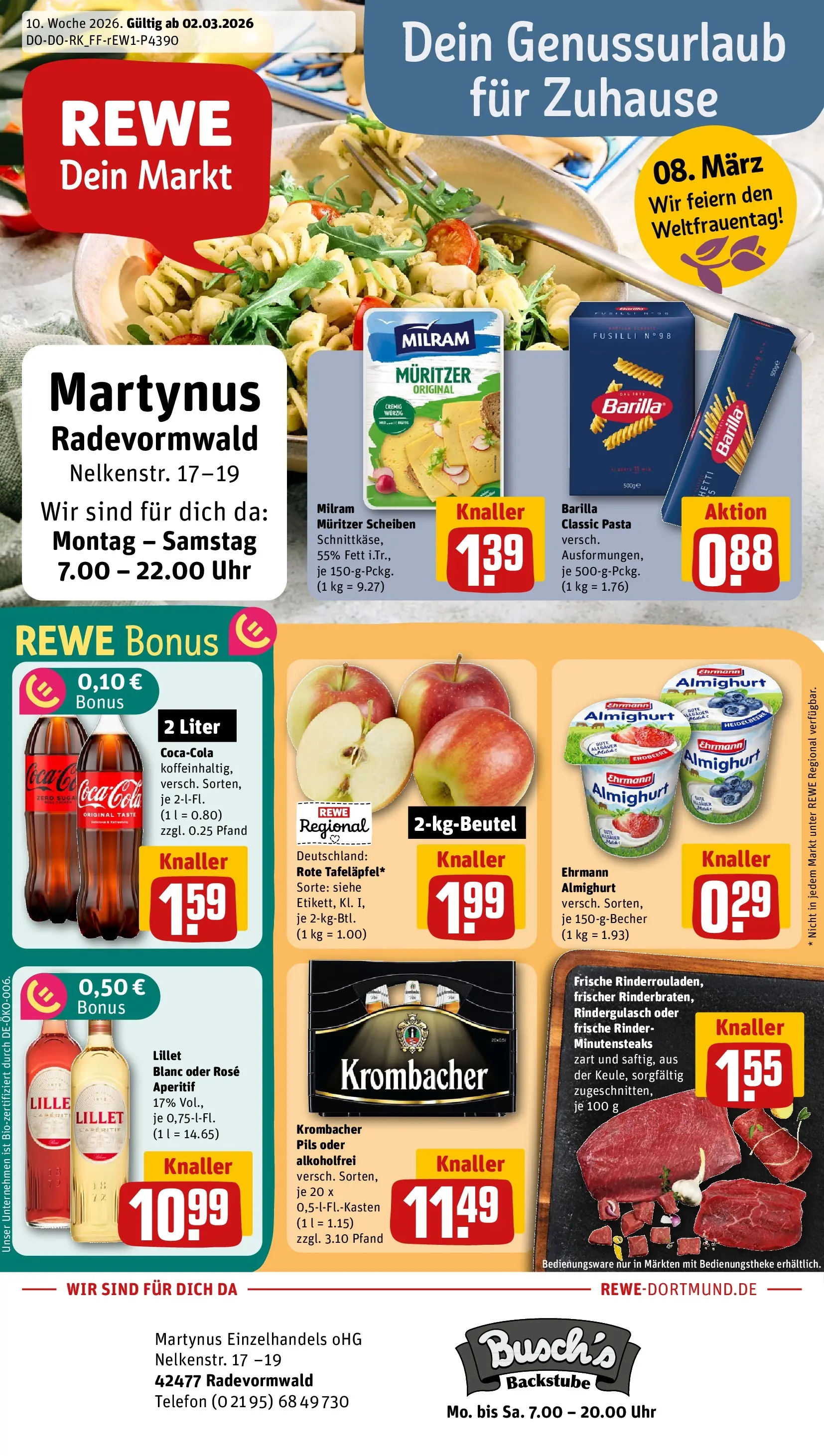 REWE Prospekt ab 02.03.2026 zum Blättern » Angebote | Seite: 1 | Produkte: Rindergulasch, Ehrmann almighurt, Pils, Telefon