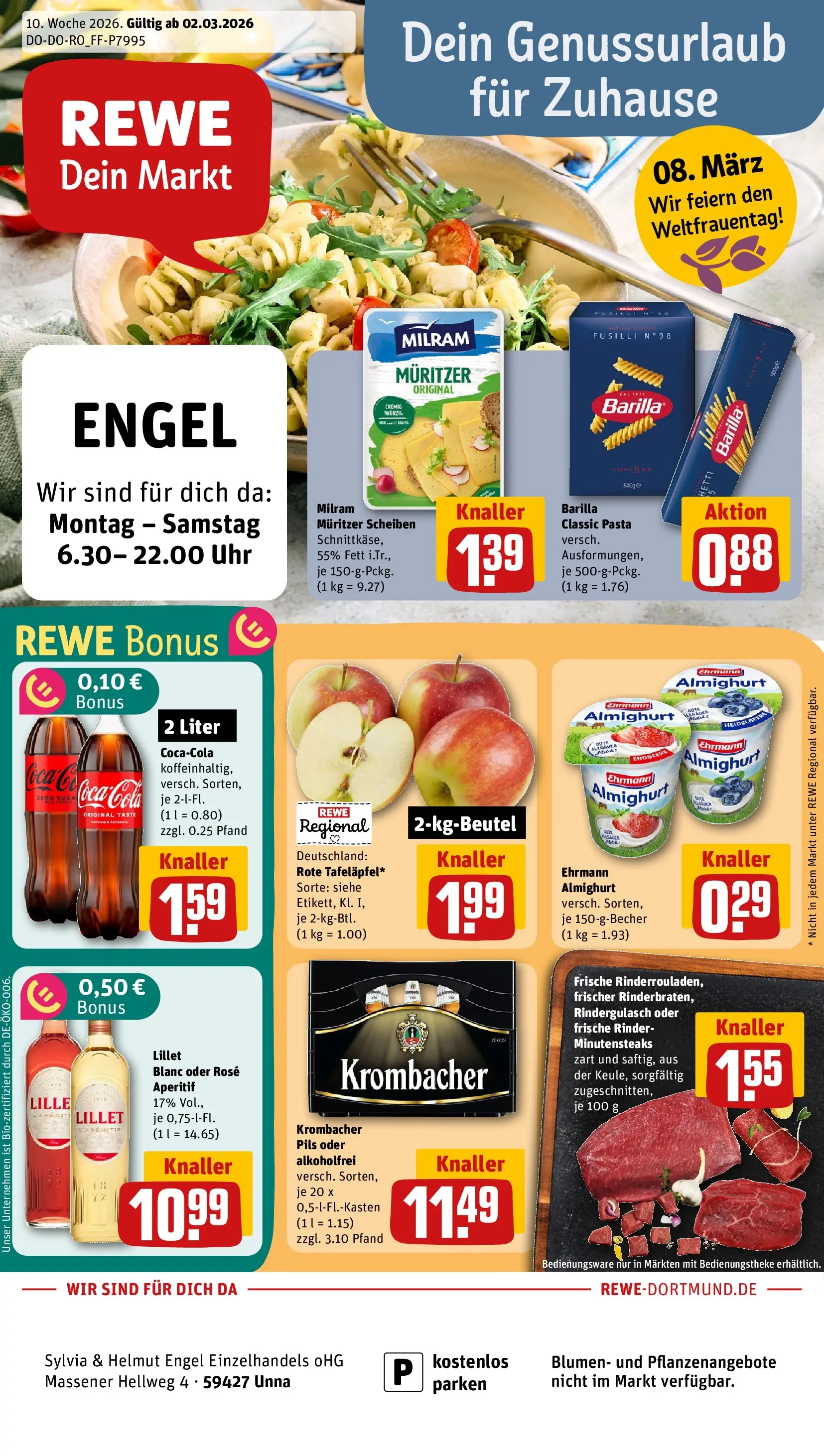 REWE Prospekt ab 02.03.2026 zum Blättern » Angebote | Seite: 1 | Produkte: Rindergulasch, Ehrmann almighurt, Cola, Uhr
