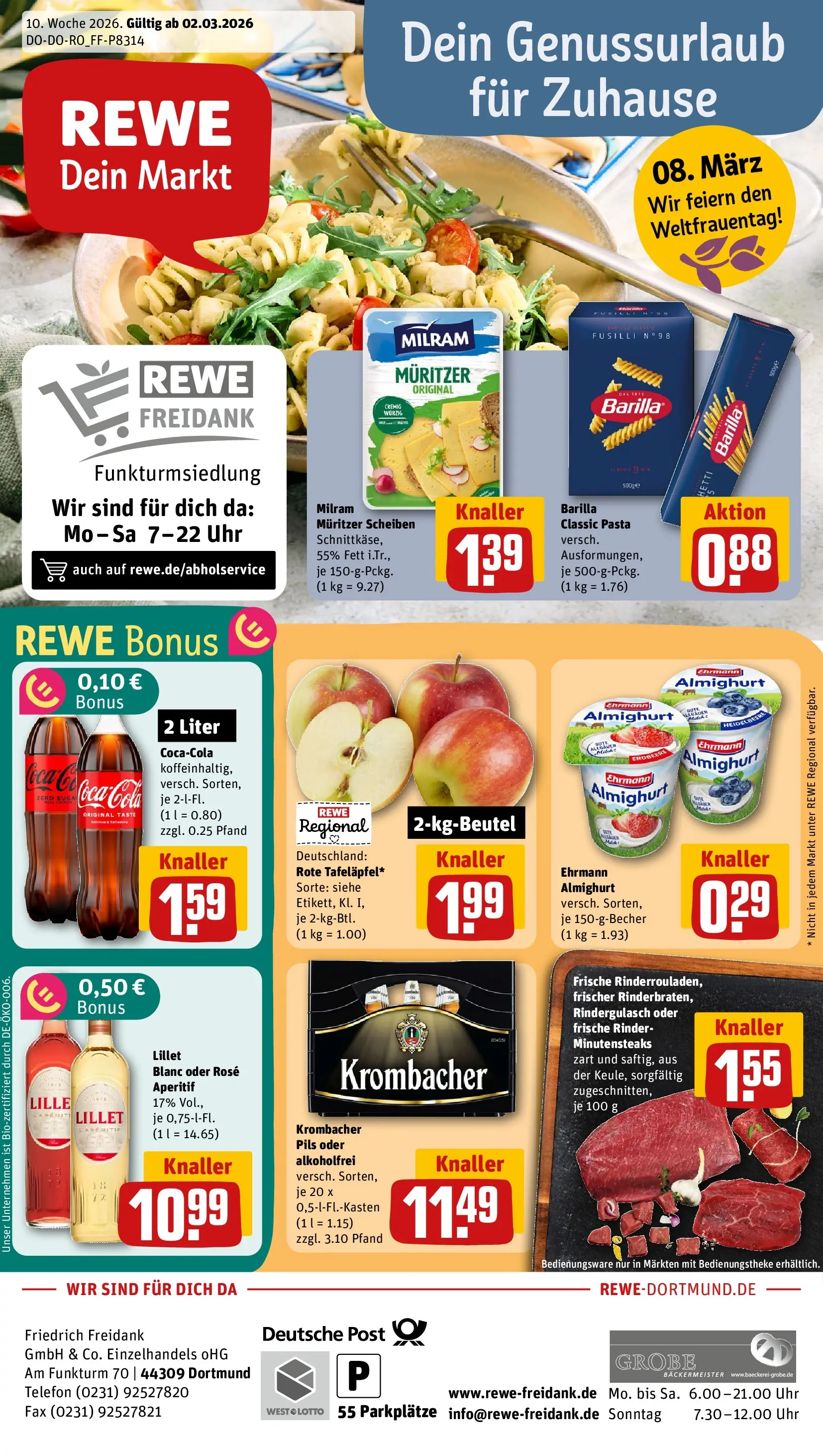 REWE Prospekt ab 02.03.2026 zum Blättern » Angebote | Seite: 1 | Produkte: Rindergulasch, Barilla, Pils, Milram
