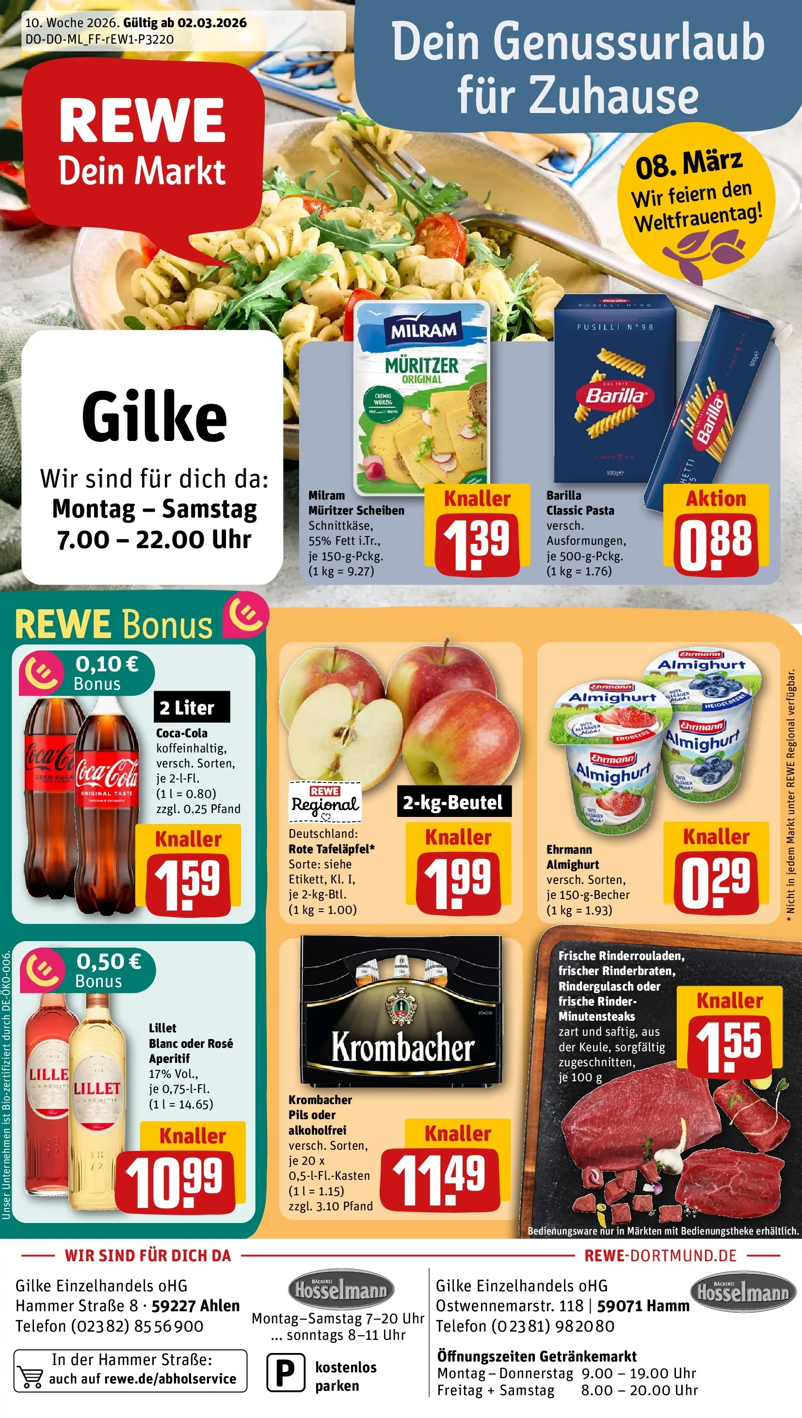 REWE Prospekt ab 02.03.2026 zum Blättern » Angebote | Seite: 1 | Produkte: Rindergulasch, Pils, Krombacher, Telefon