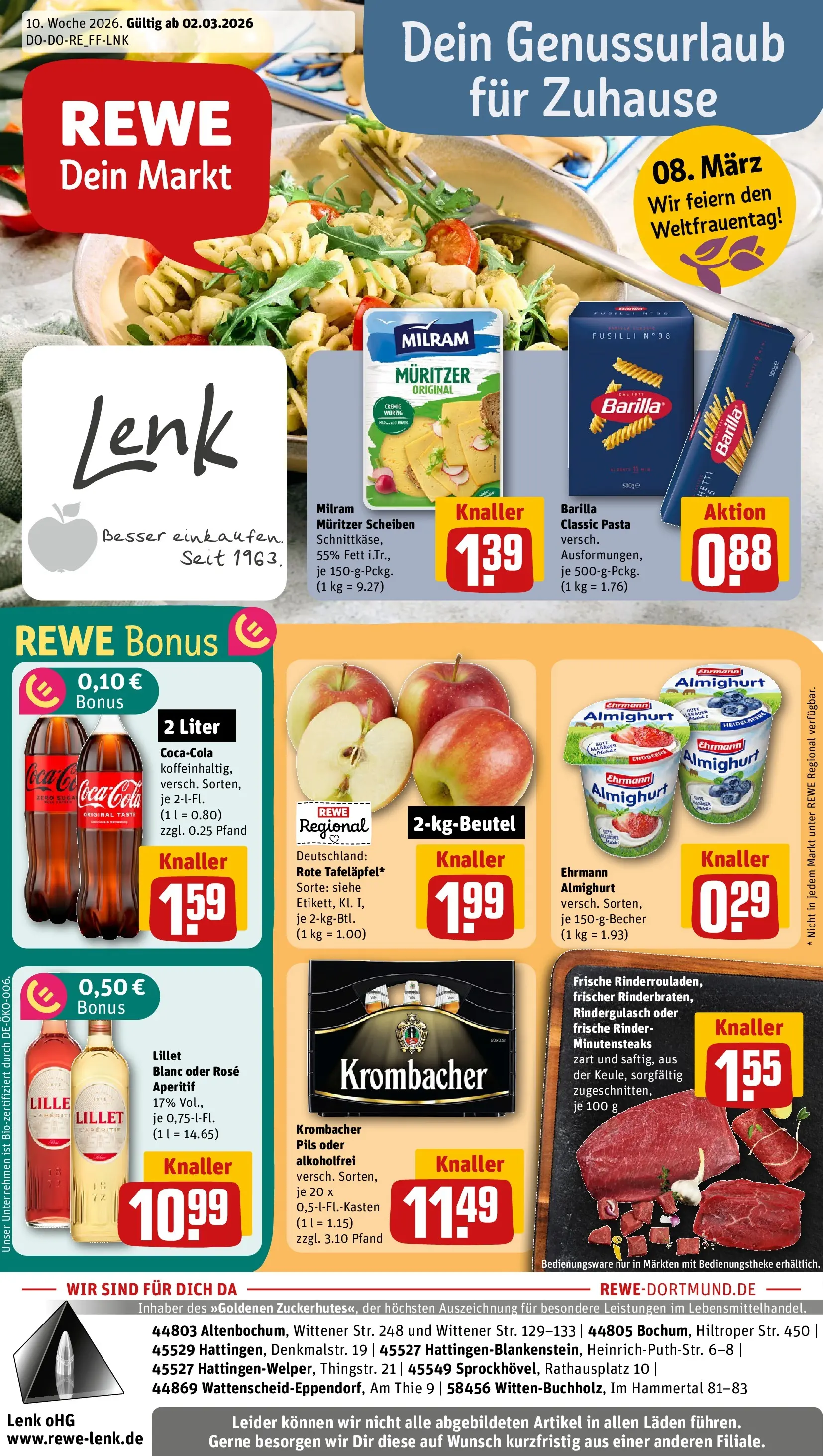 REWE Prospekt ab 02.03.2026 zum Blättern » Angebote | Seite: 1 | Produkte: Ehrmann almighurt, Cola, Milram, Krombacher