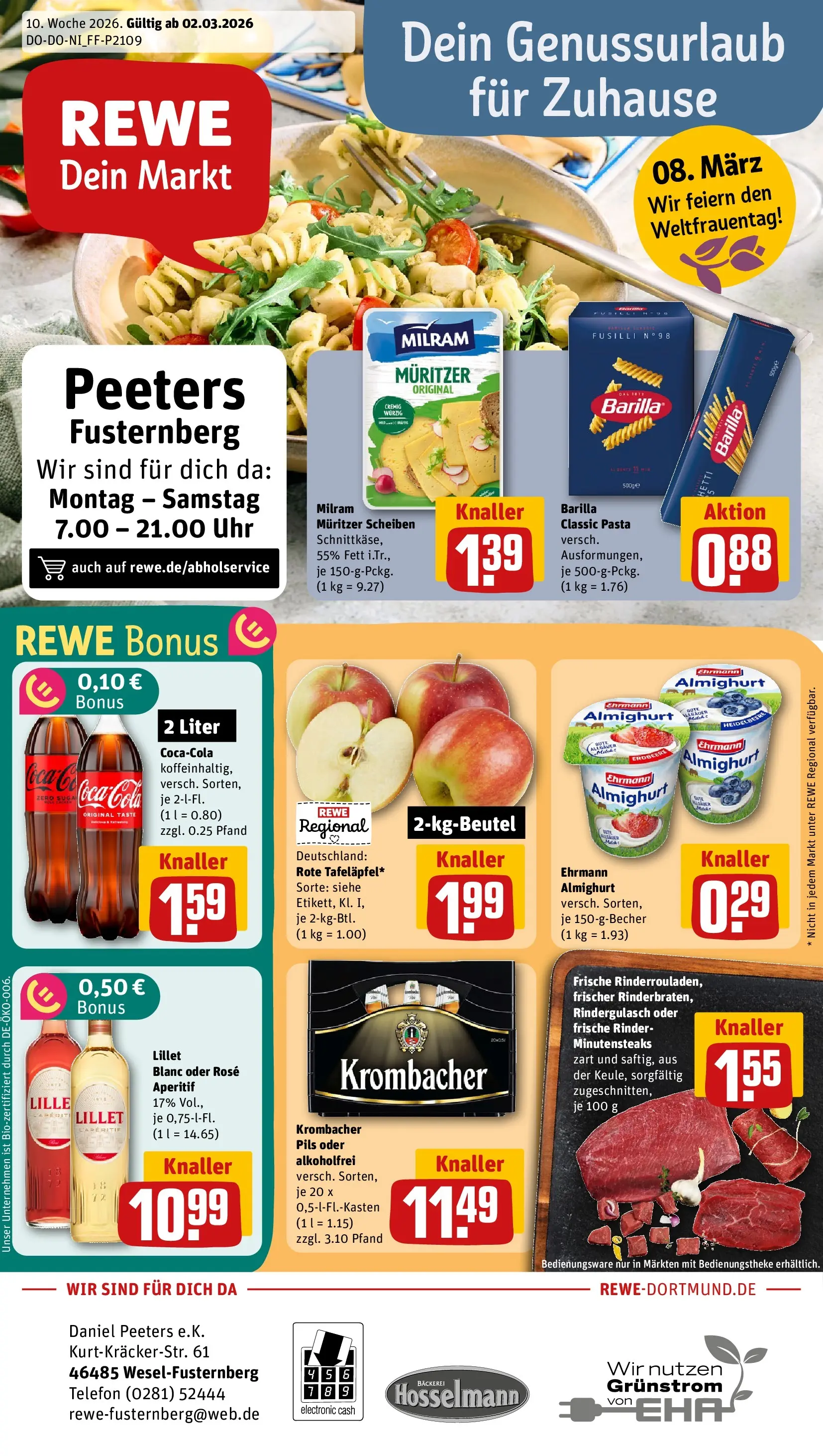 REWE Prospekt ab 02.03.2026 zum Blättern » Angebote | Seite: 1 | Produkte: Bäckerei, Pils, Lillet, Telefon