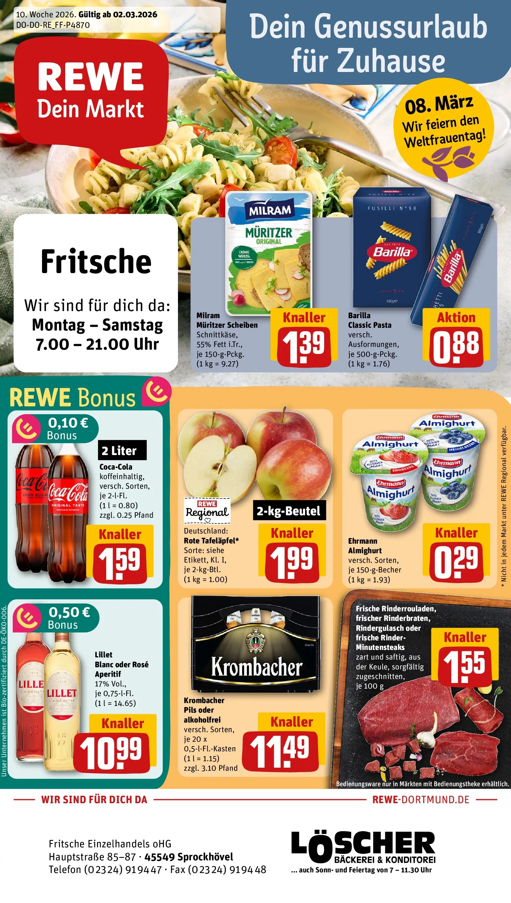 REWE Prospekt ab 02.03.2026 zum Blättern » Angebote | Seite: 1 | Produkte: Barilla, Pils, Lillet, Milram