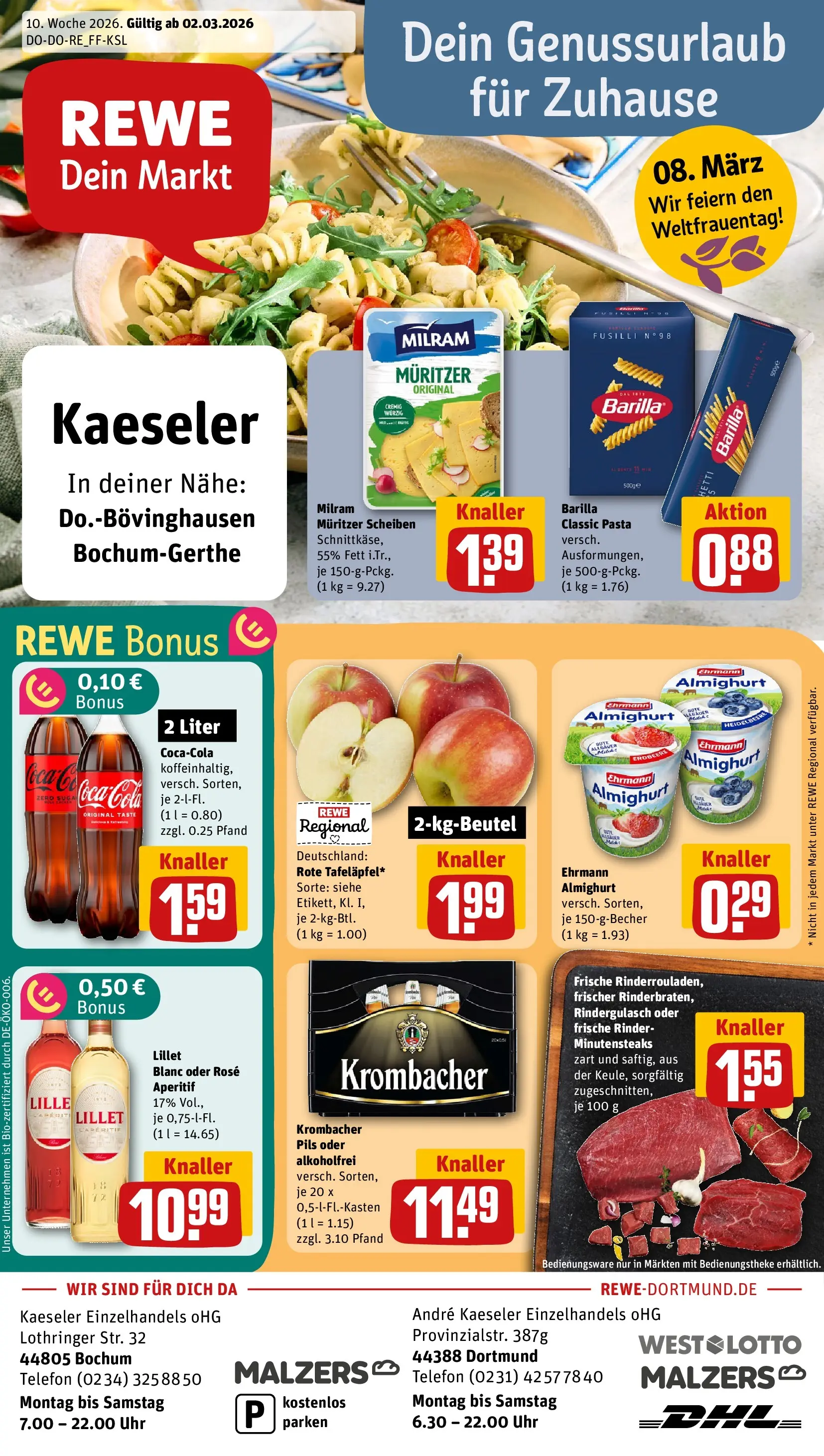 REWE Prospekt ab 02.03.2026 zum Blättern » Angebote | Seite: 1 | Produkte: Rindergulasch, Ehrmann almighurt, Pils, Telefon