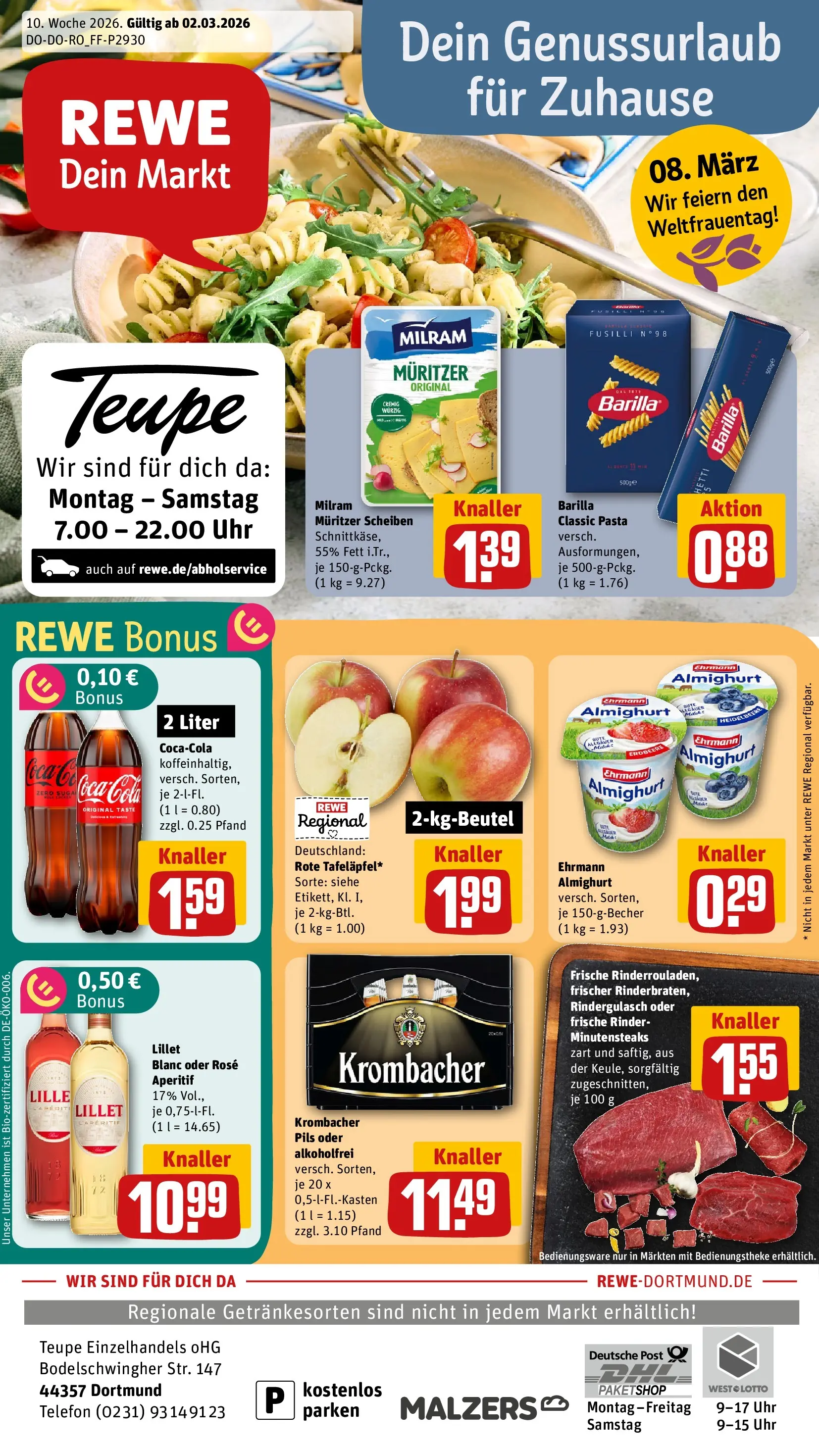 REWE Prospekt ab 02.03.2026 zum Blättern » Angebote | Seite: 1 | Produkte: Pils, Lillet, Pasta, Uhr