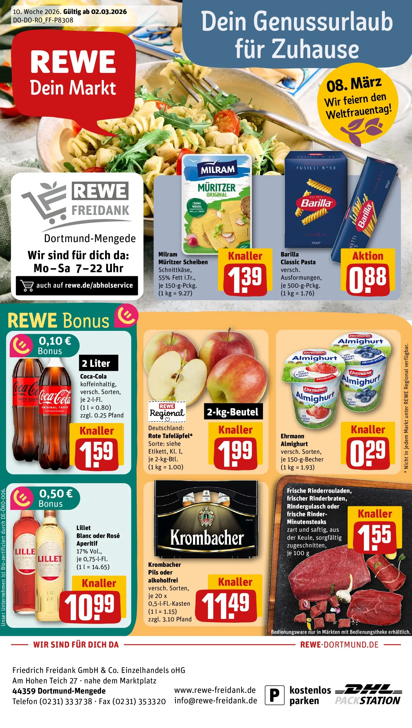 REWE Prospekt ab 02.03.2026 zum Blättern » Angebote | Seite: 1 | Produkte: Ehrmann almighurt, Barilla, Lillet, Milram